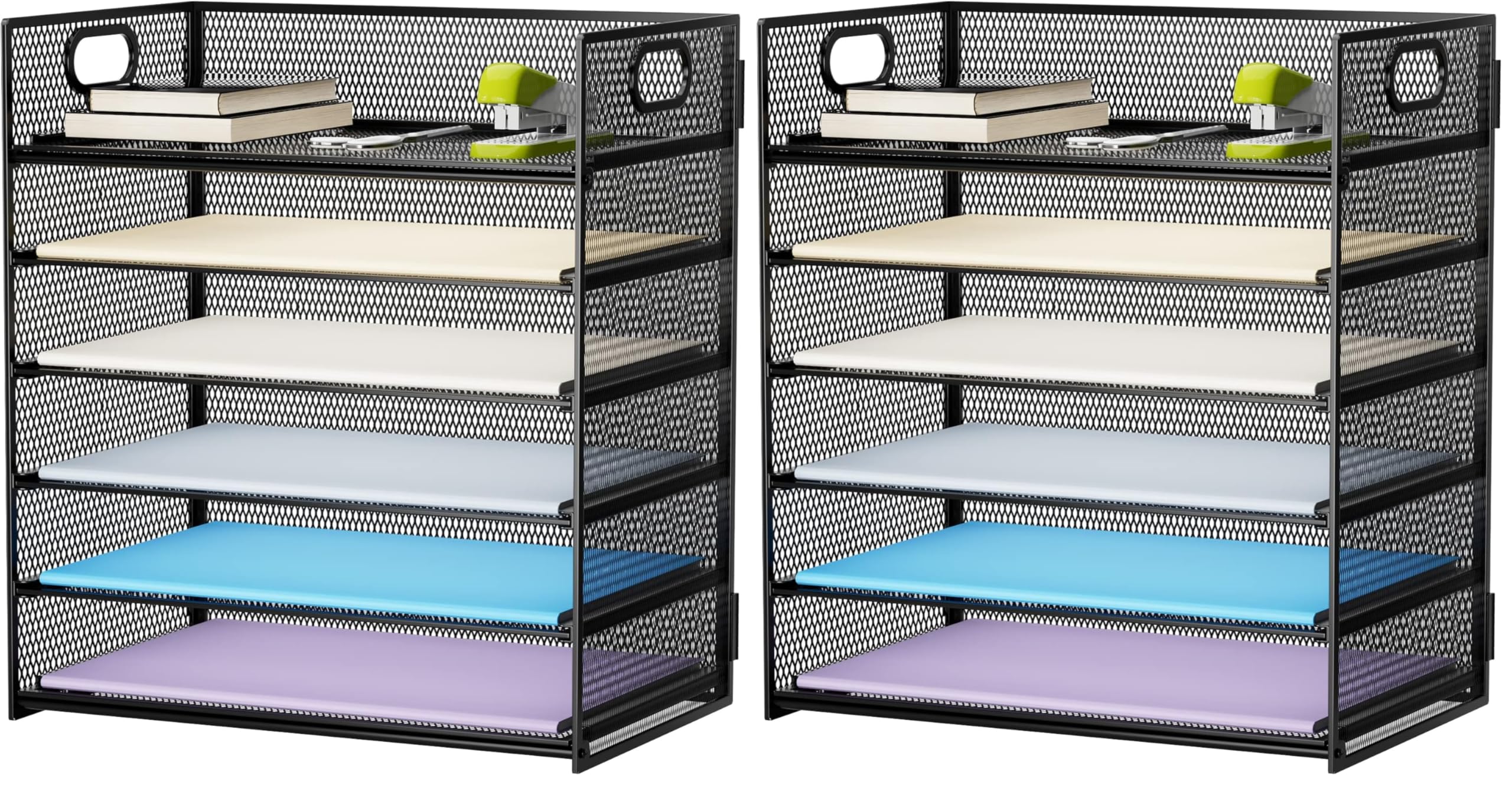 Marbrasse 6 Tier Paper Organizer Letter Tray - Mesh Desk File-Organizer with Handle, Paper Sorter Organizer for Letter/A4 Office File Folder Holder - Black (Pack of 2)