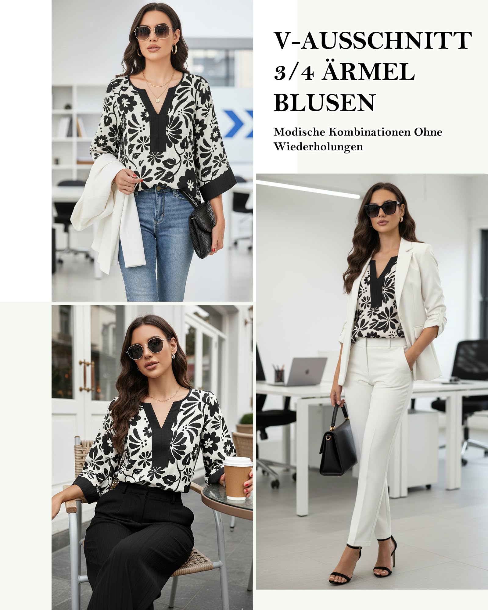 Vafoly Bluse Damen Elegant V-Ausschnitt Bohemian Tunika 3/4 arm Blumenmuster Blusenshirt Frühling-Sommer