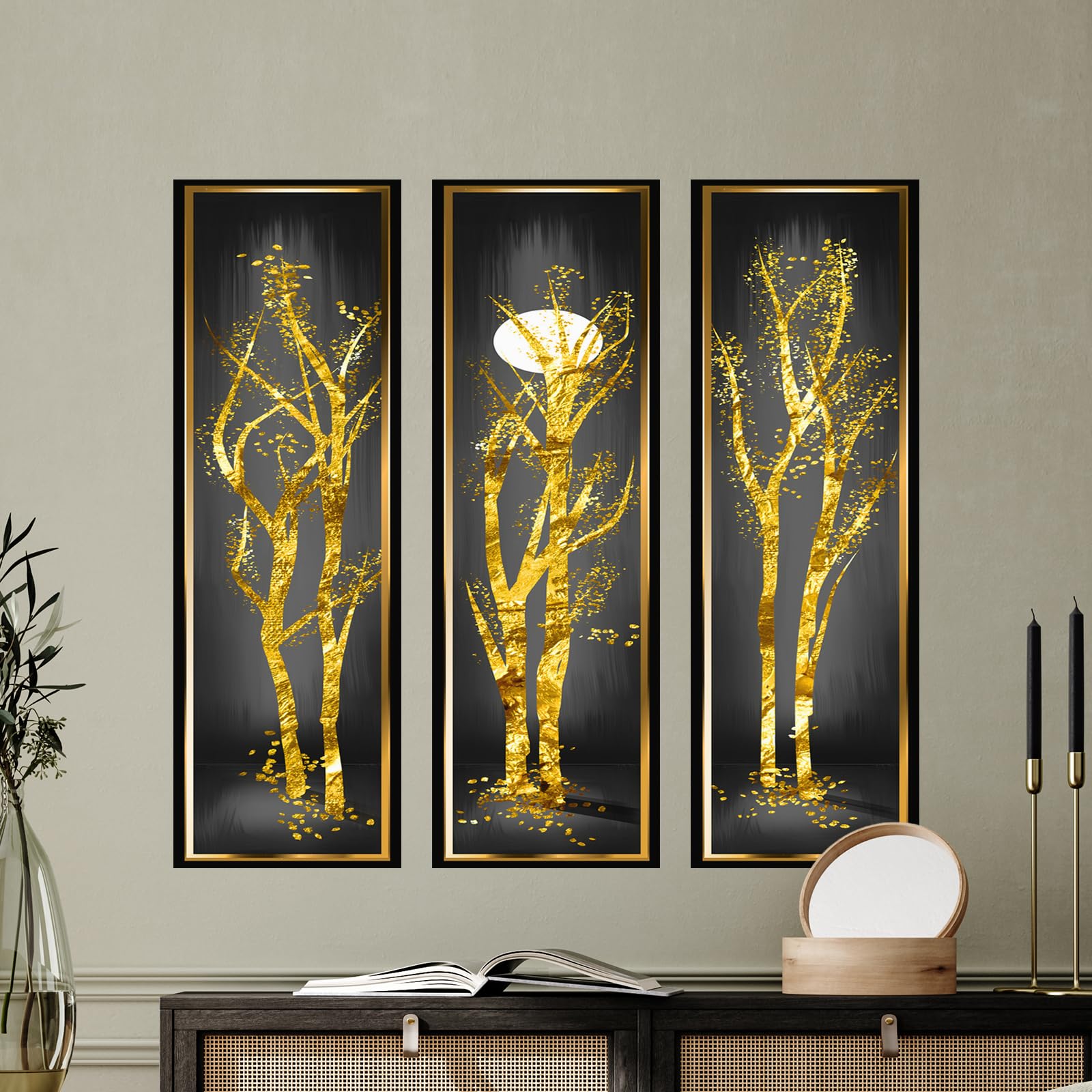 Abstract Gold Tree Branch Self Adhesive Wall Decals, 3D Vinyl Wall Art Sticker Set of 3, Home Decor Wall Posters and Prints for Aisle Stairs Wall Corner Living Room Sofa Backdrop, 11.8 "x35.4"