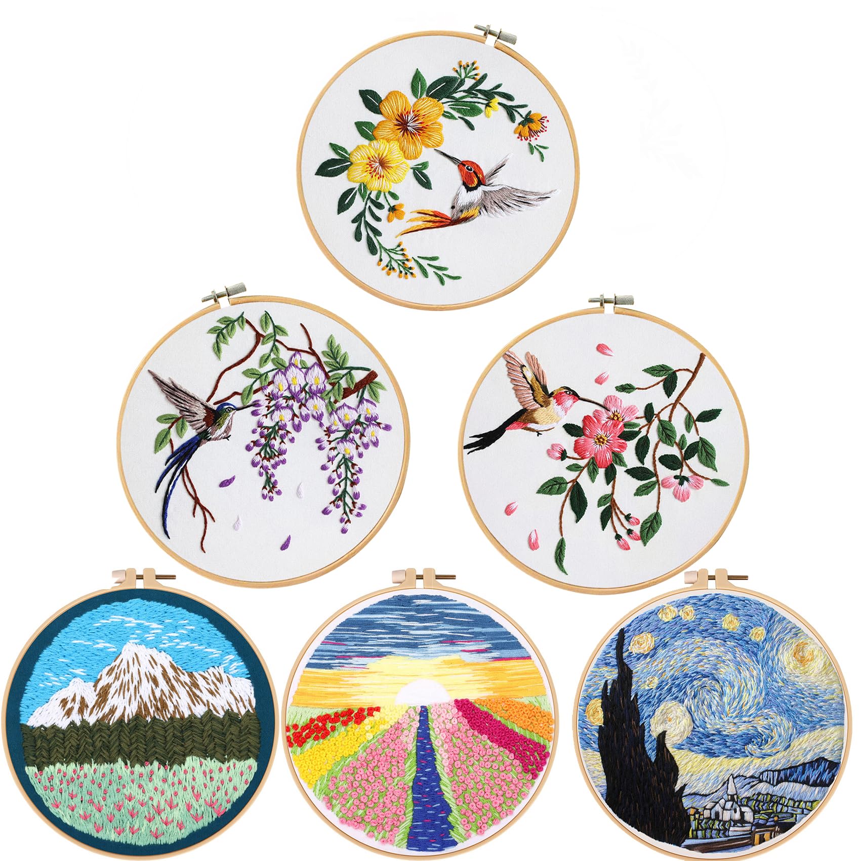 Santune 6 Sets Embroidery kit for Beginners Adults,Stamped Hummingbird Patterns,Cross Stitch Kits Including Clear Instructions,Video Tutorials,Hoop,2 Color Threads,Tools