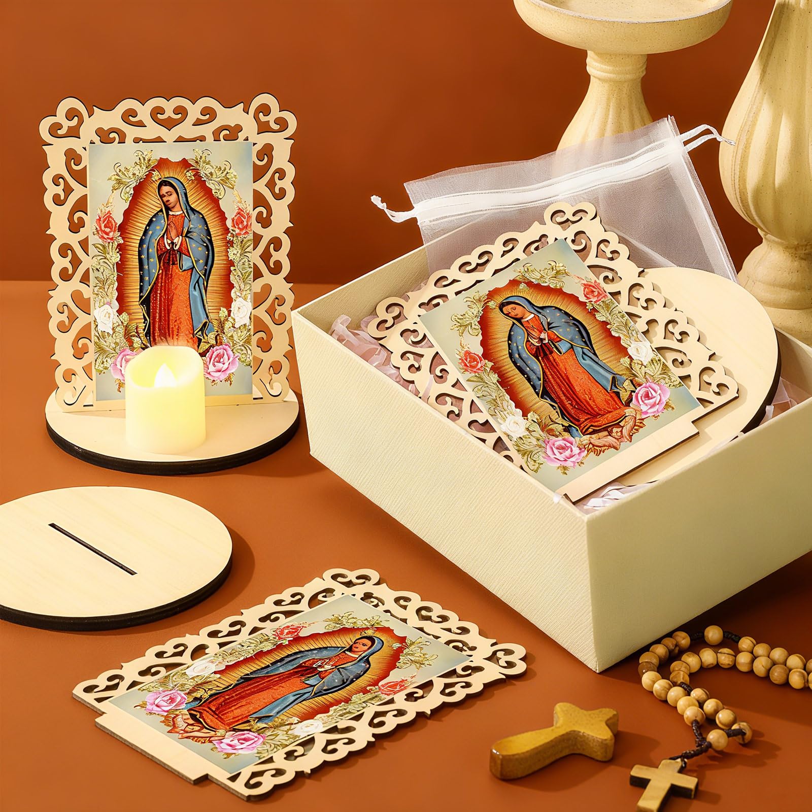 Soaoo Holzstatuen "Our Lady of Guadalupe", "Virgen De Guadalupe", Bilderrahmen, Taufgeschenke für Gäste, Taufaufaufaufen, Tafelaufsätze für Tisch, Erstkommunion, katholische Gastgeschenke, rechteckig