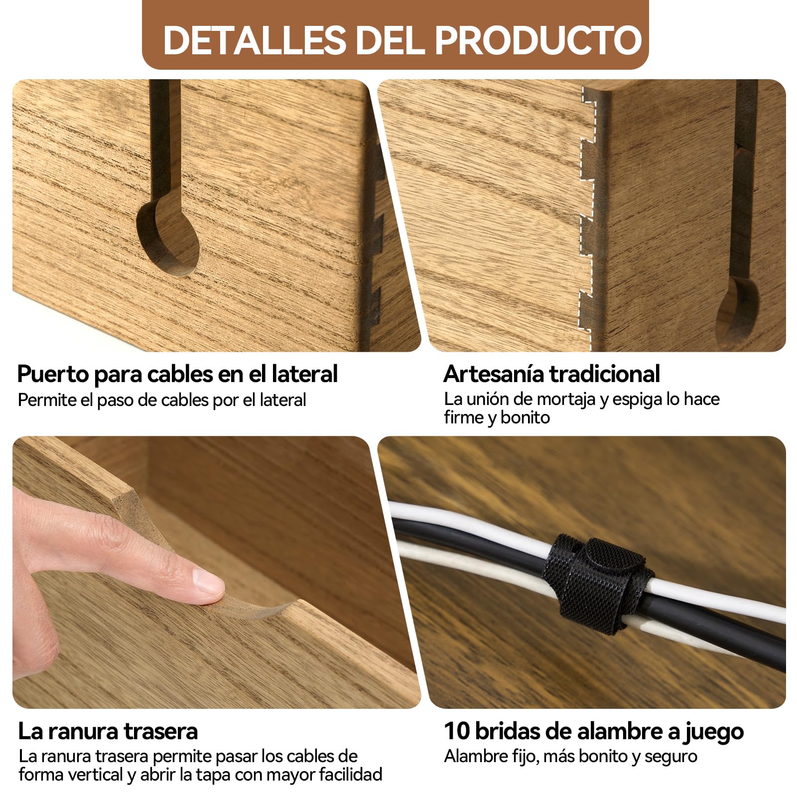 KIRIGEN Caja de Cables de Madera Maciza, Juego de 2 Caja de Cables Grande para enchufes, Cargadores y Almacenamiento de Cables, organización de routers Amarillo-marrón
