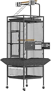 61 Inch Large Bird Cage, Metal Bird Fight Cage with Play Top, Rolling Stands, Feed Bowls, Wide Tall Parrot Cage for Parakeets, Conures, Cockatiel, Cockatoo, Black