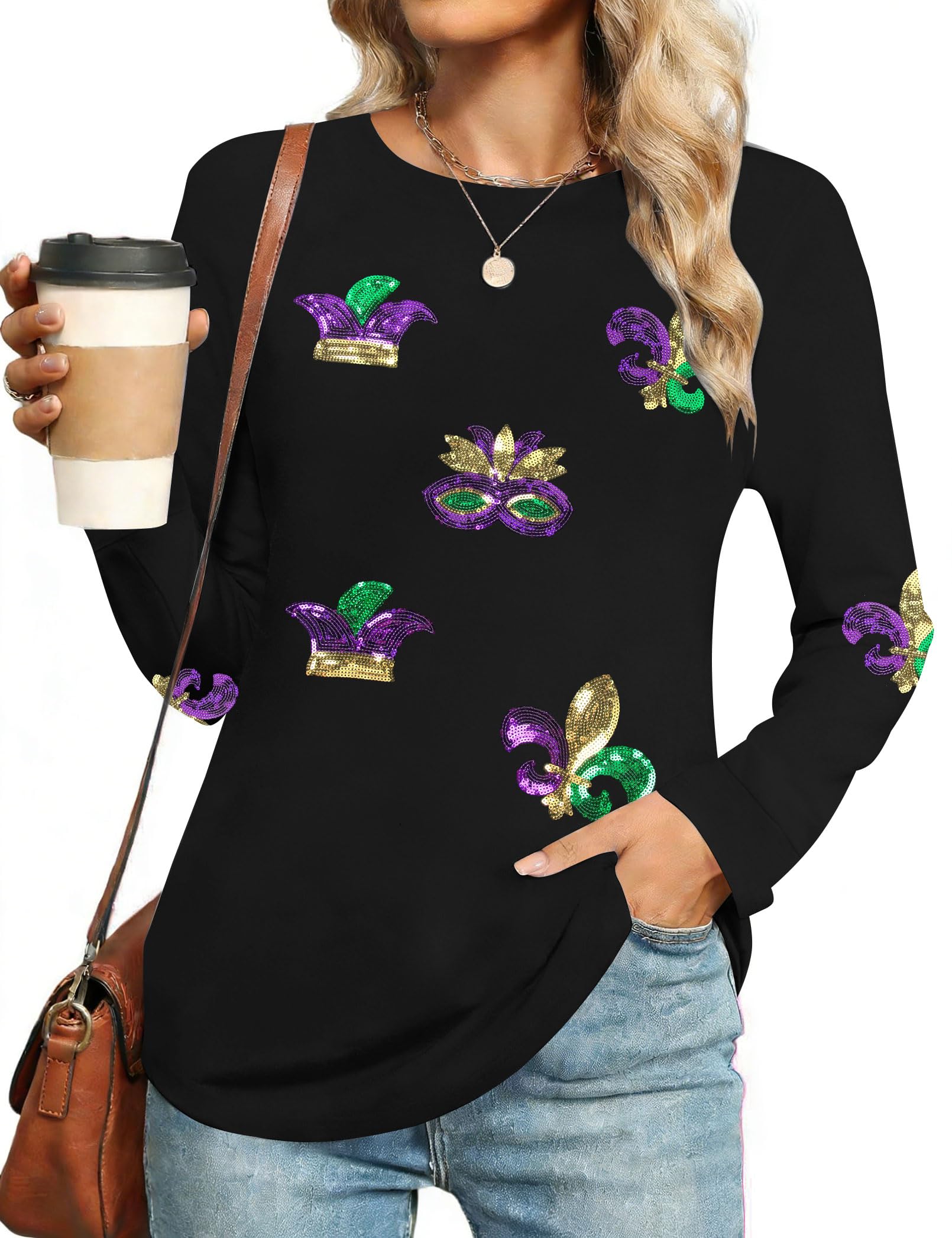 maximgr Mardi Gras Sweatshirt Women Sequin Fat Tuesday Sweater Masks Graphic Shirt Carnival Crewneck Long Sleeve Tops-picture-30