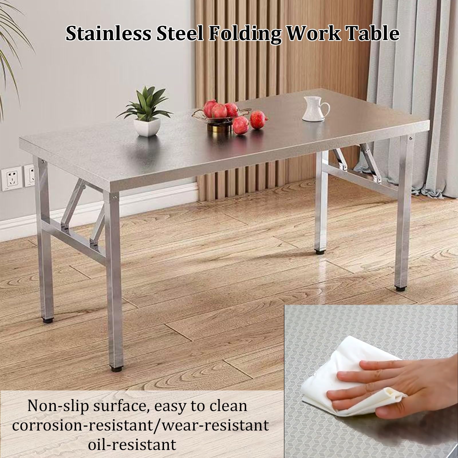 Mesa de trabajo plegable de acero inoxidable, mesa de preparación de alimentos resistente para cocina, restaurante, barbacoa, garaje, lavandería, grado comercial, fácil de almacenar y transportar