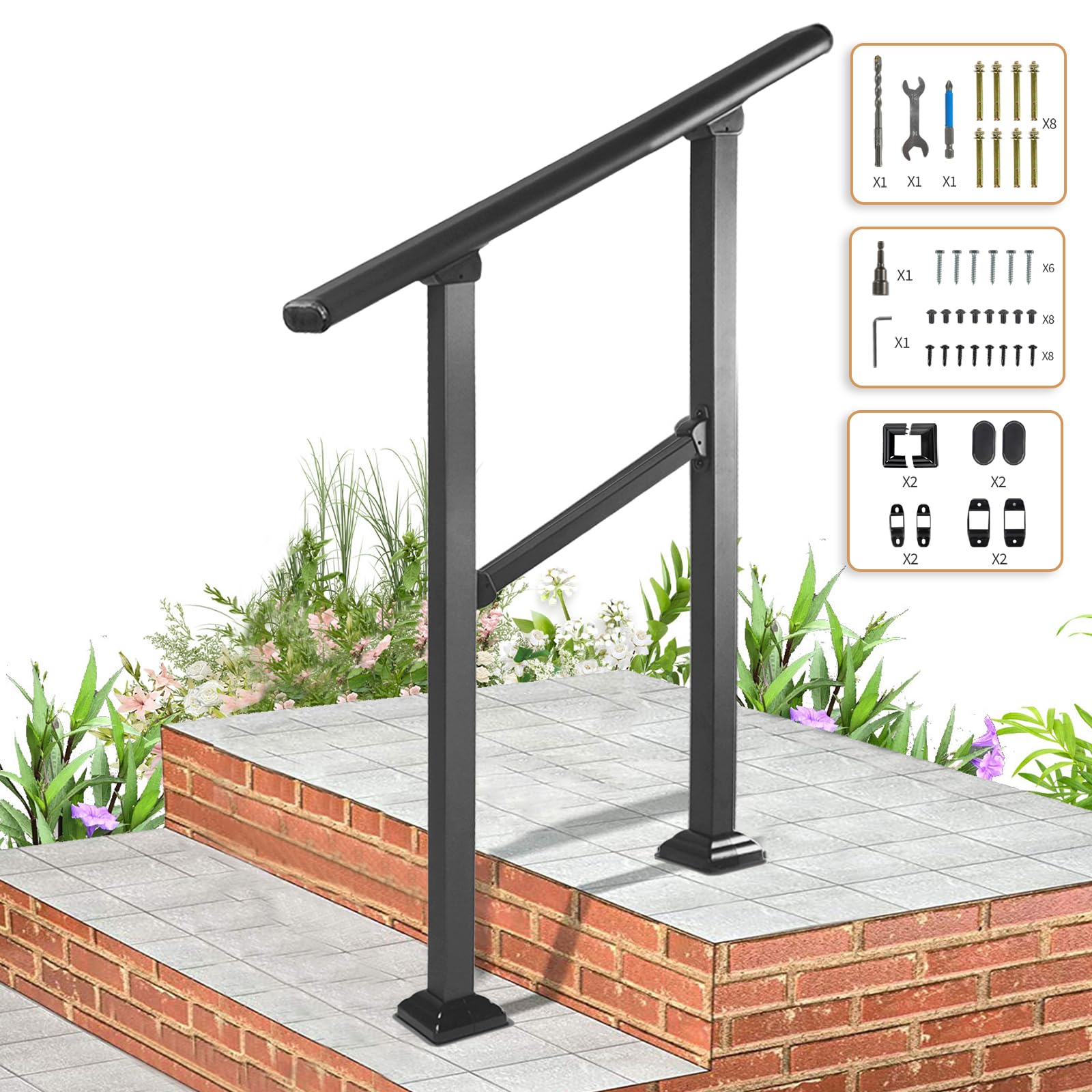 ?????? 400LBS Outdoor Handrails for Steps Stairs with Corner Protector, Black Wrought Iron Handrail Stair Step Railing Kit, Floor Mounted Decking Railing Porch Railing, Fits 1 to 2 Steps