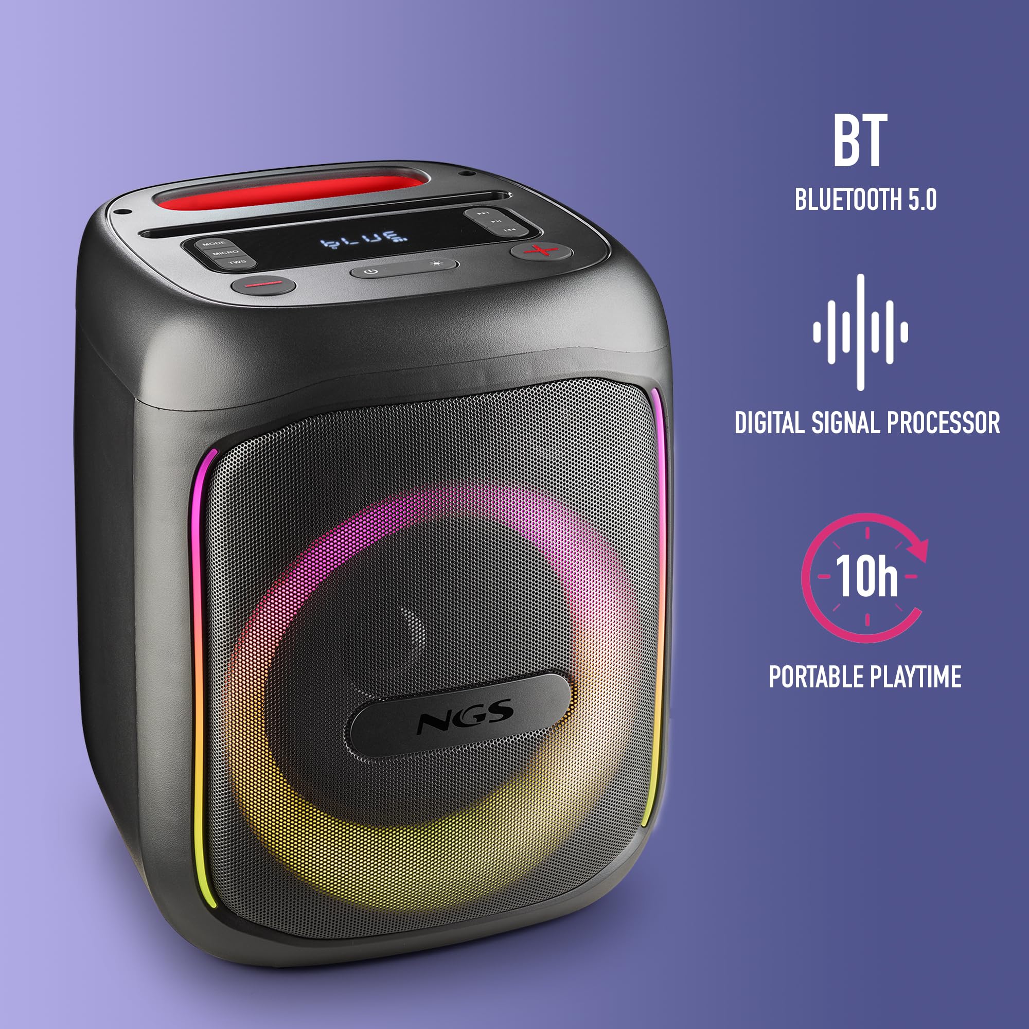 NGS Wild Swag Go-Altavoz portátil Compatible con tecnología Bluetooth 80W | Función TWS , entrada de micrófono y pantalla LED; batería de 10h. Entradas USB/TF/AUX IN y luces LED para fiestas.