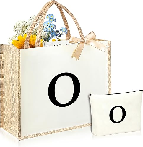 Initial Canvas Tote Bag & Makeup Bag for Women Teacher Bridesmaids，Personalized Present for Wedding, Birthday, Beach