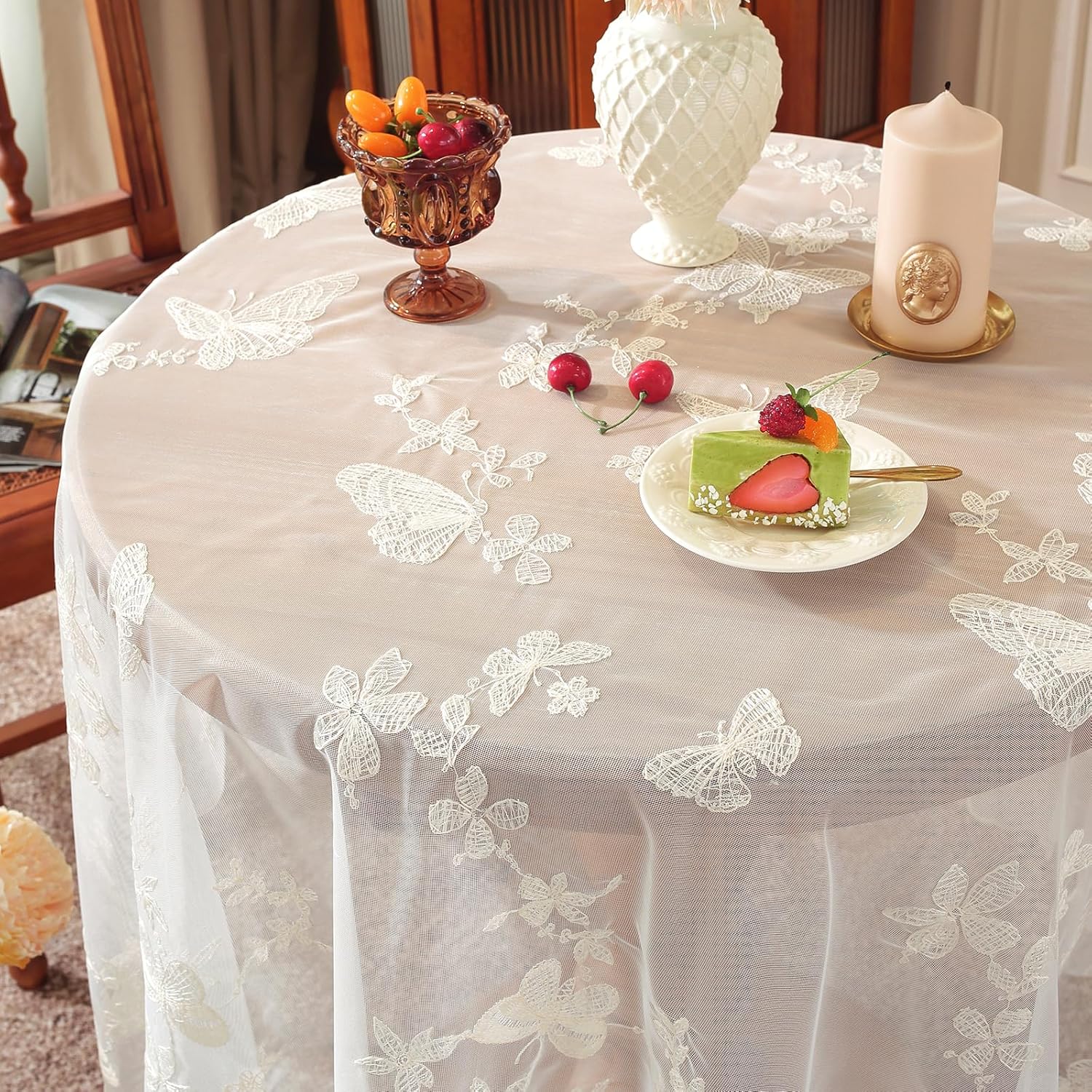 White Lace Tablecloth 55 x 102 Inch Vintage Beige Butterfly Embroidered Rectangle Table Cloth Rustic Boho Shabby Chic Wedding Bridal Shower Table Cover Overlay (Beige D,55"x102")