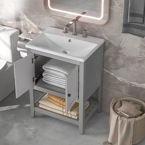 Miniatura 10 de Conjunto de tocador de baño moderno y elegante de 24 pulgadas con lavabo, armario de almacenamiento de baño con puertas y estante abierto, juego de