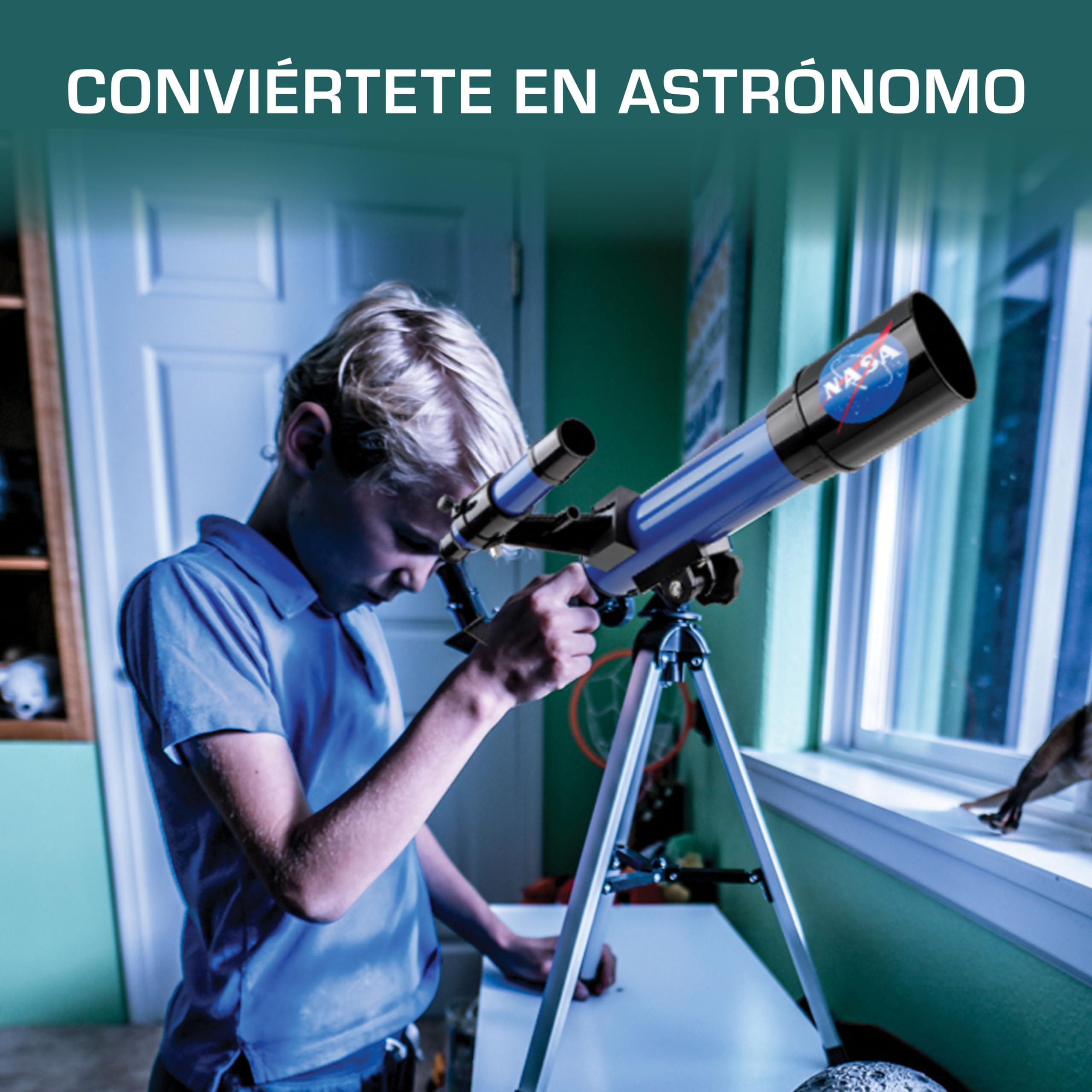 Blue Marble Telescopio Lunar NASA para Niños – 90x de Aumento, Incluye Dos Oculares, Trípode de Mesa y Buscador, Telescopio Infantil para la Luna, Astronomía y Espacio