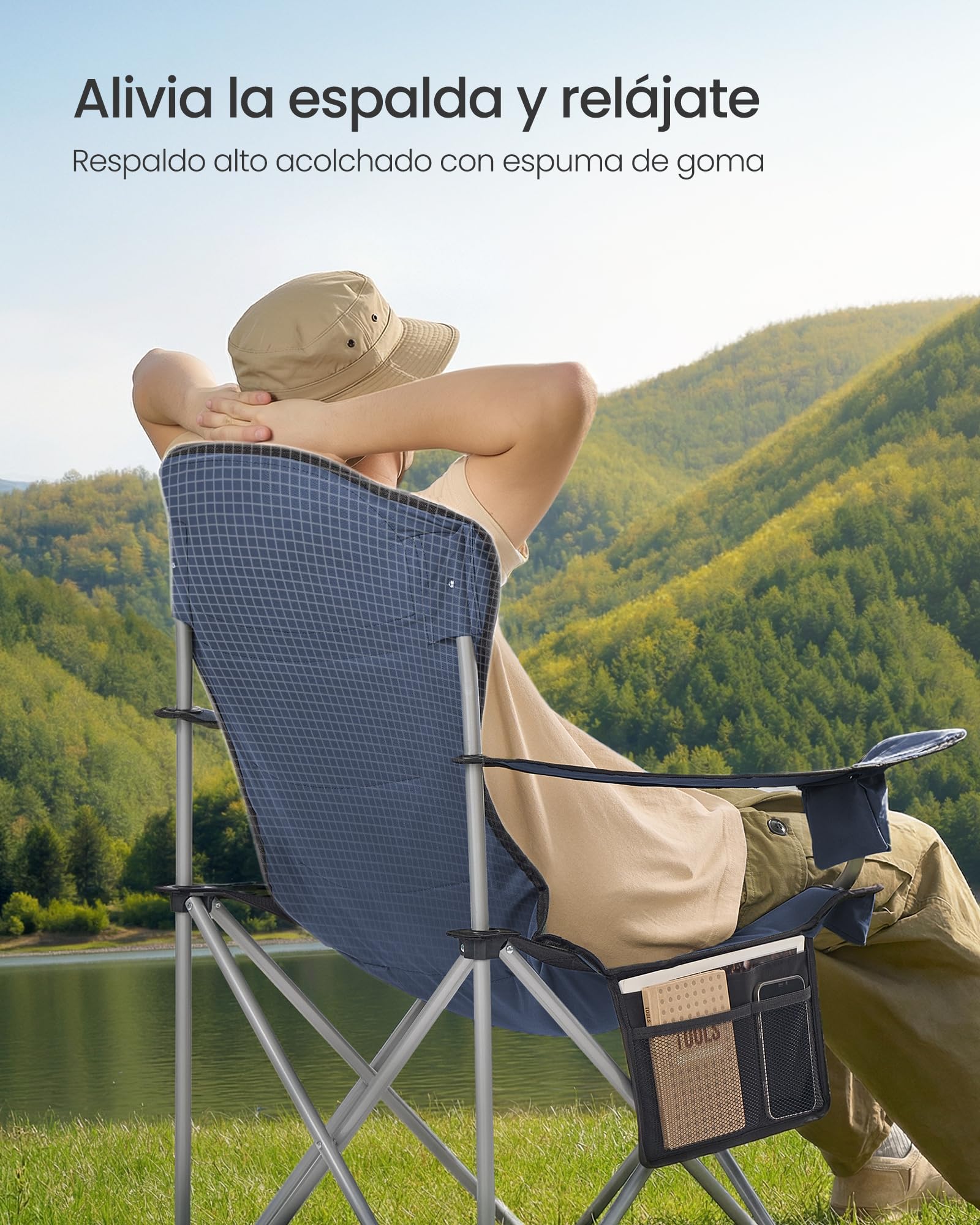 SONGMICS Silla de Camping, Silla Plegable y Portátil con Asiento Amplio, Respaldo Alto, con Portavasos, Soporte para Móvil, Organizador de Tela, Azul y Gris GCB005QE01