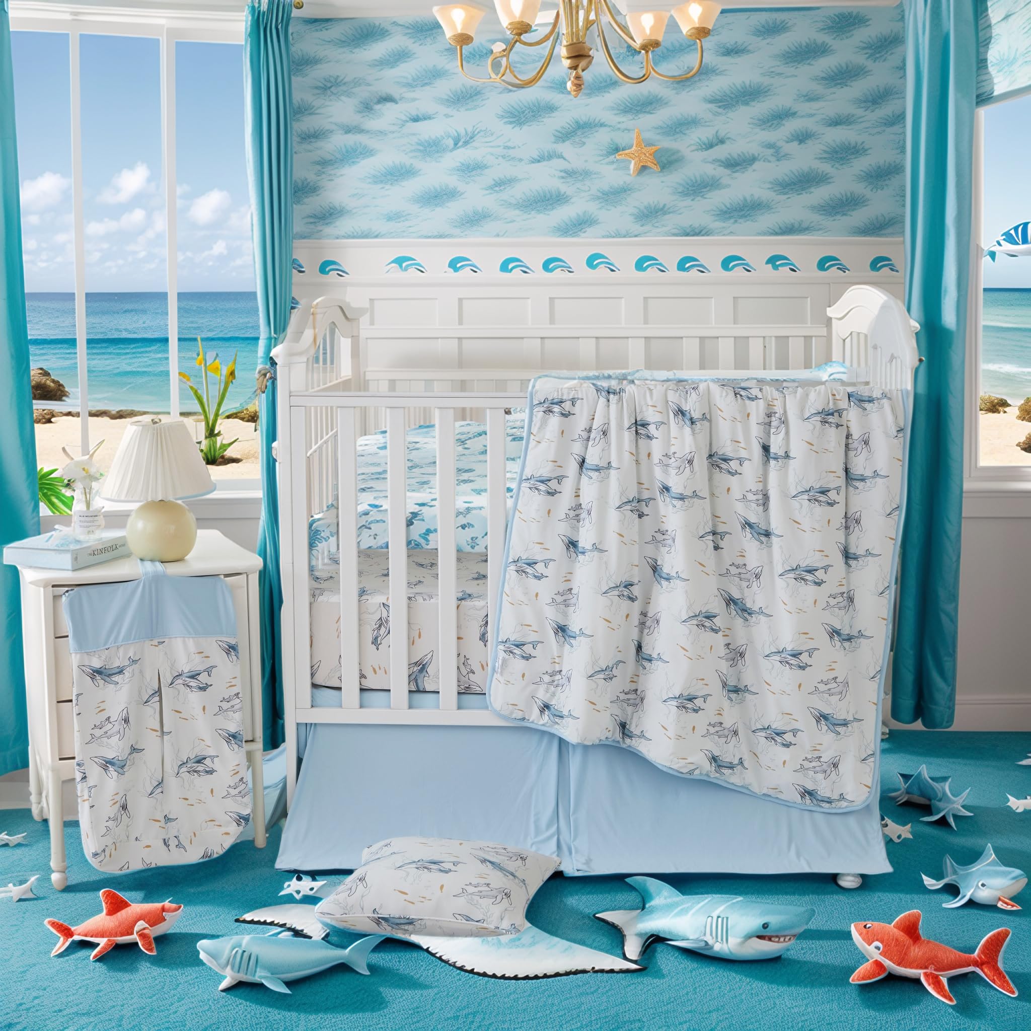Brandream Juego de ropa de cama para cuna de bebé para niños y niñas, 3 piezas, incluye sábana elástica de punto ultra suave, edredón acolchado, falda de cama para cuna, familia de ballenas con