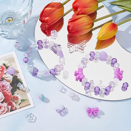 Miniatura 5 de SUNNYCLUE 150 cuentas acrílicas de 13 estilos surtidos de caramelos, cuentas pastel acrílicas transparentes de flores a granel, estrellas y