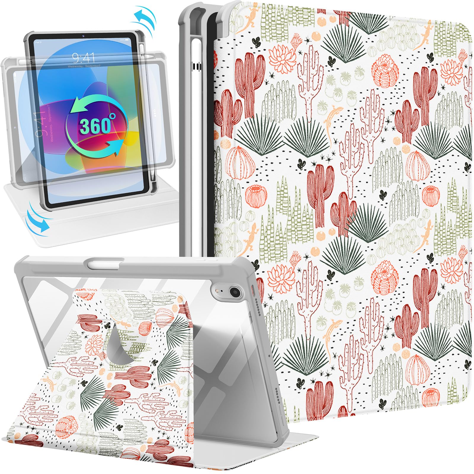 Uppuppy for iPad mini 7/6 Case - for iPad mini 6th/7th Generation Cases Women Cute Folio Cover with Pencil Holder Girls Girly Cactus Pretty Rotating