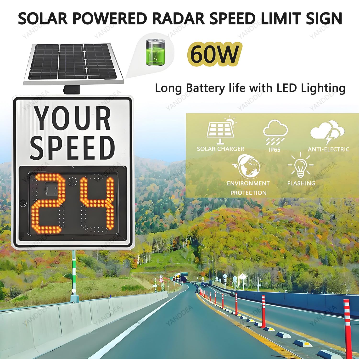 Señal de límite de velocidad de radar con control remoto, pantalla LED de retroalimentación alimentada por energía solar, detector de velocidad de tráfico, tablero de advertencia digital, 24 x 35