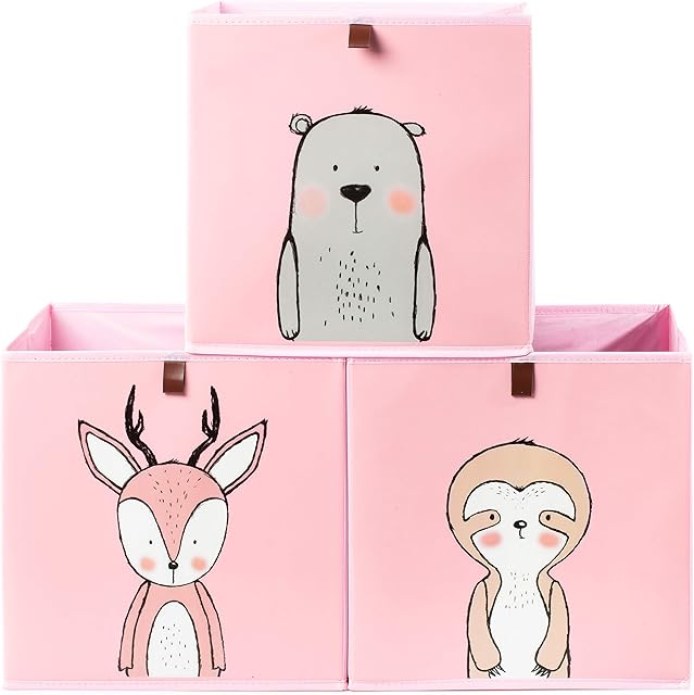 2friends Set of 3 Children's Storage Boxes With Pull-out Loop, 33 x 33 x 33 cm, With 3 Designs, Ideal For Kallax Shelves, Robust And Washable, Pink