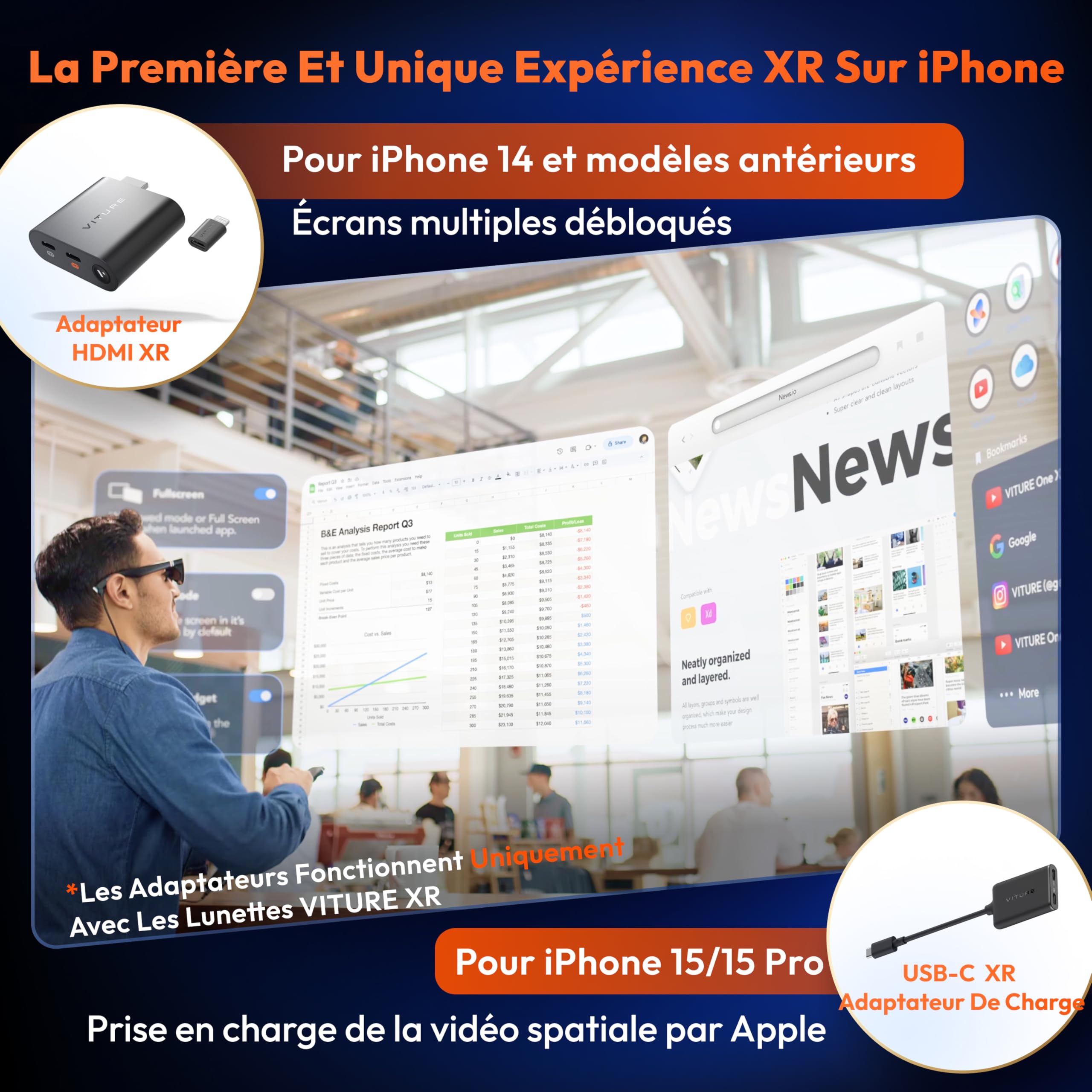 VITURE Adaptateur HDMI XR pour iPhone 14 et modèles antérieurs, activant les vidéos multi-écran/3DoF/VR améliorées, autonomie de 2,8 heures, charge pendant la lecture, lecture directe sur les consoles
