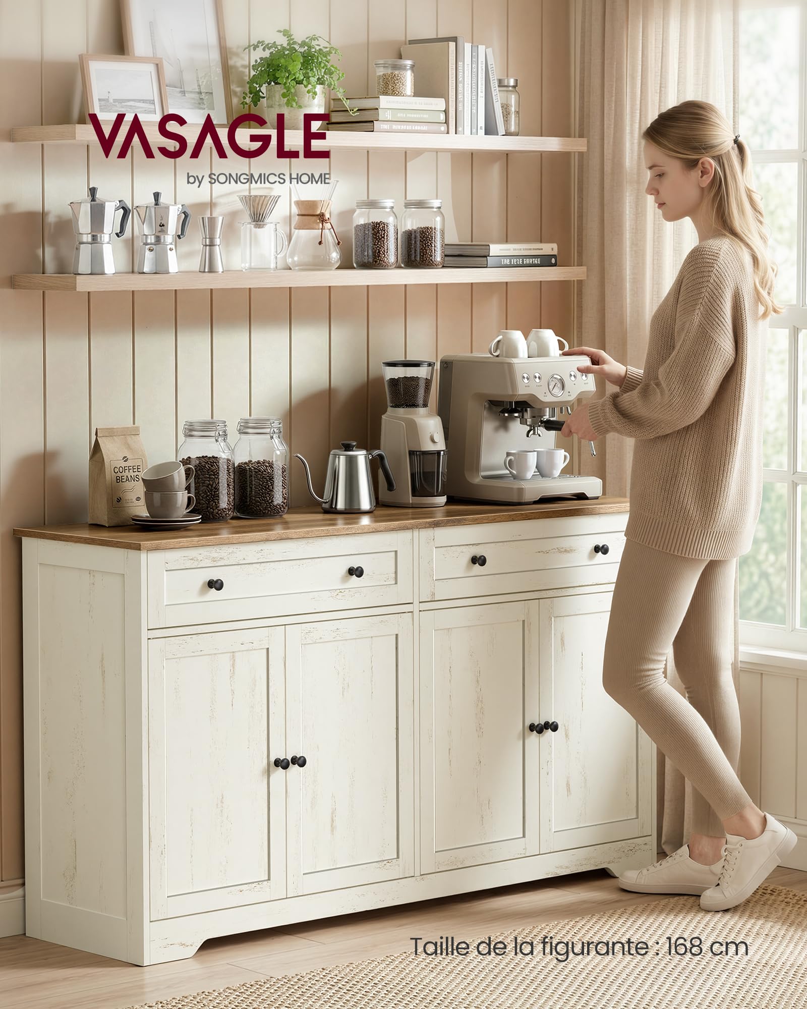 VASAGLE Siren Collection - Meuble de Rangement, Buffet de Cuisine, Style Maison de Campagne, avec 2 Tiroirs, Étagères Réglables, 4 Portes, Bar à Café, 40 x 140 x 80 cm, Blanc Rustique LSC541WJ01