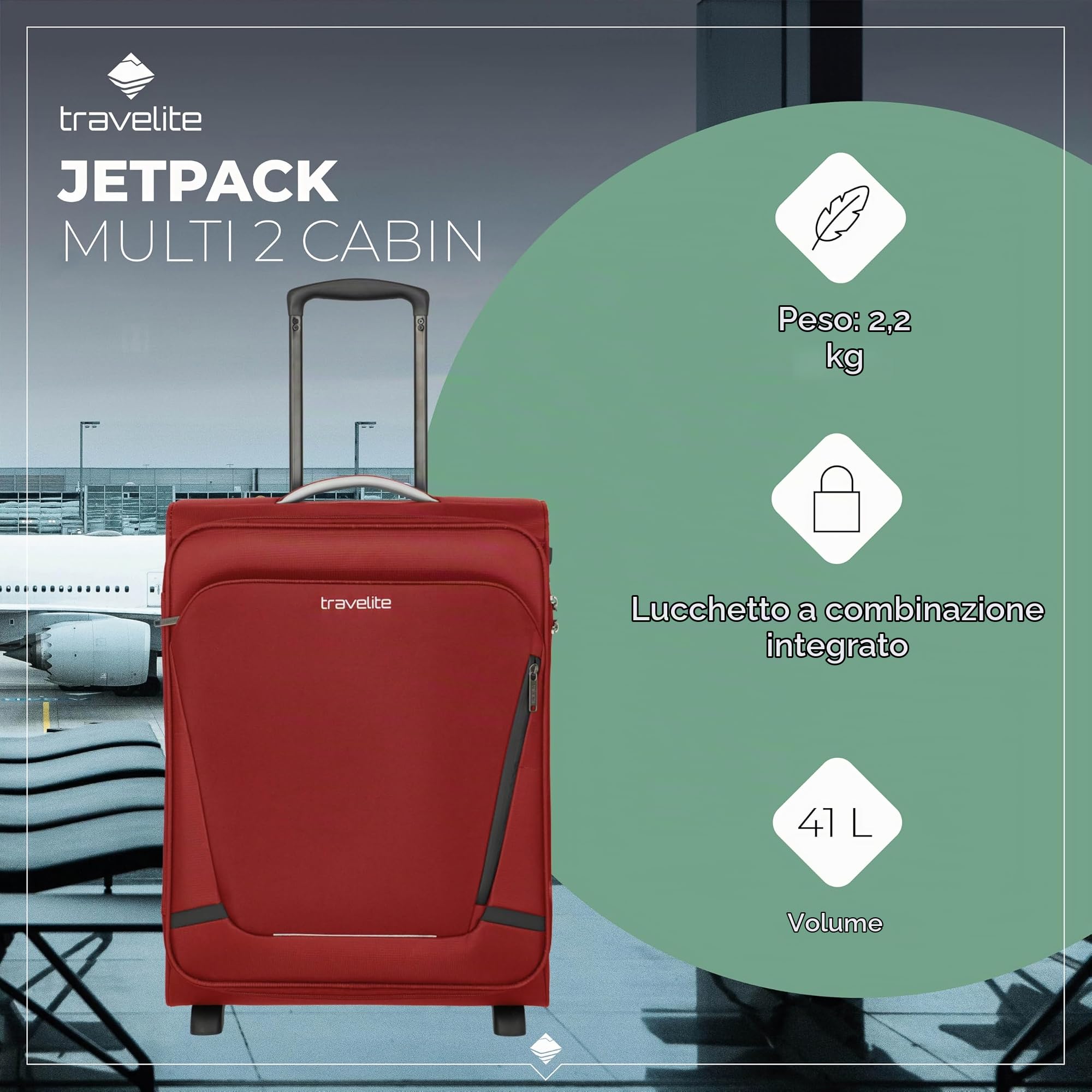 travelite valigia a mano con 2 rotelle per Condor + Ryanair, serratura a combinazione integrata, trolley da cabina compatto con funzione di aggancio, 55x40x20 cm, 41 l, 2,2 kg
