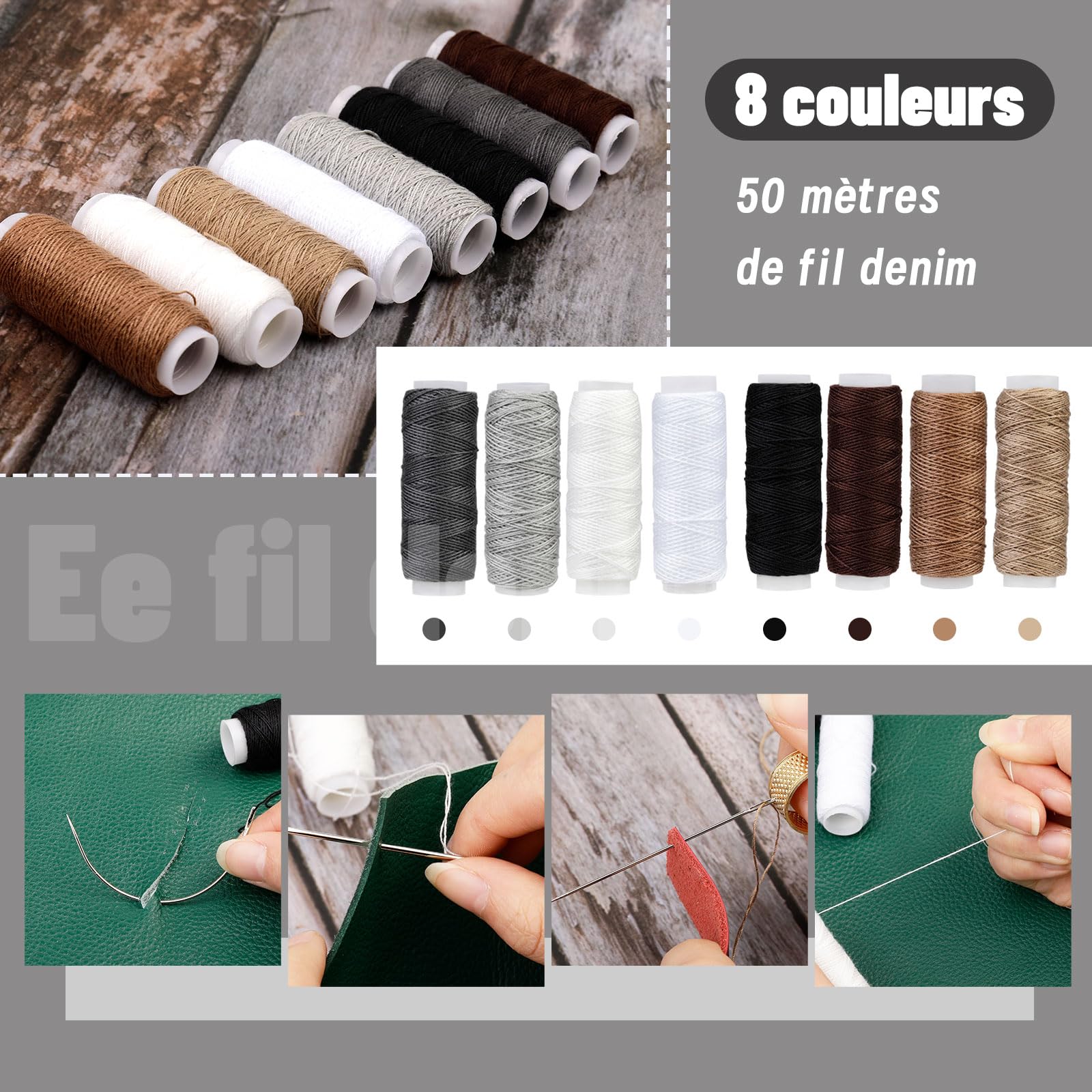54 Pièces Ensemble Couture Cuir - Outils Artisanat Avec Fils 8 Couleurs Et Sac Rangement