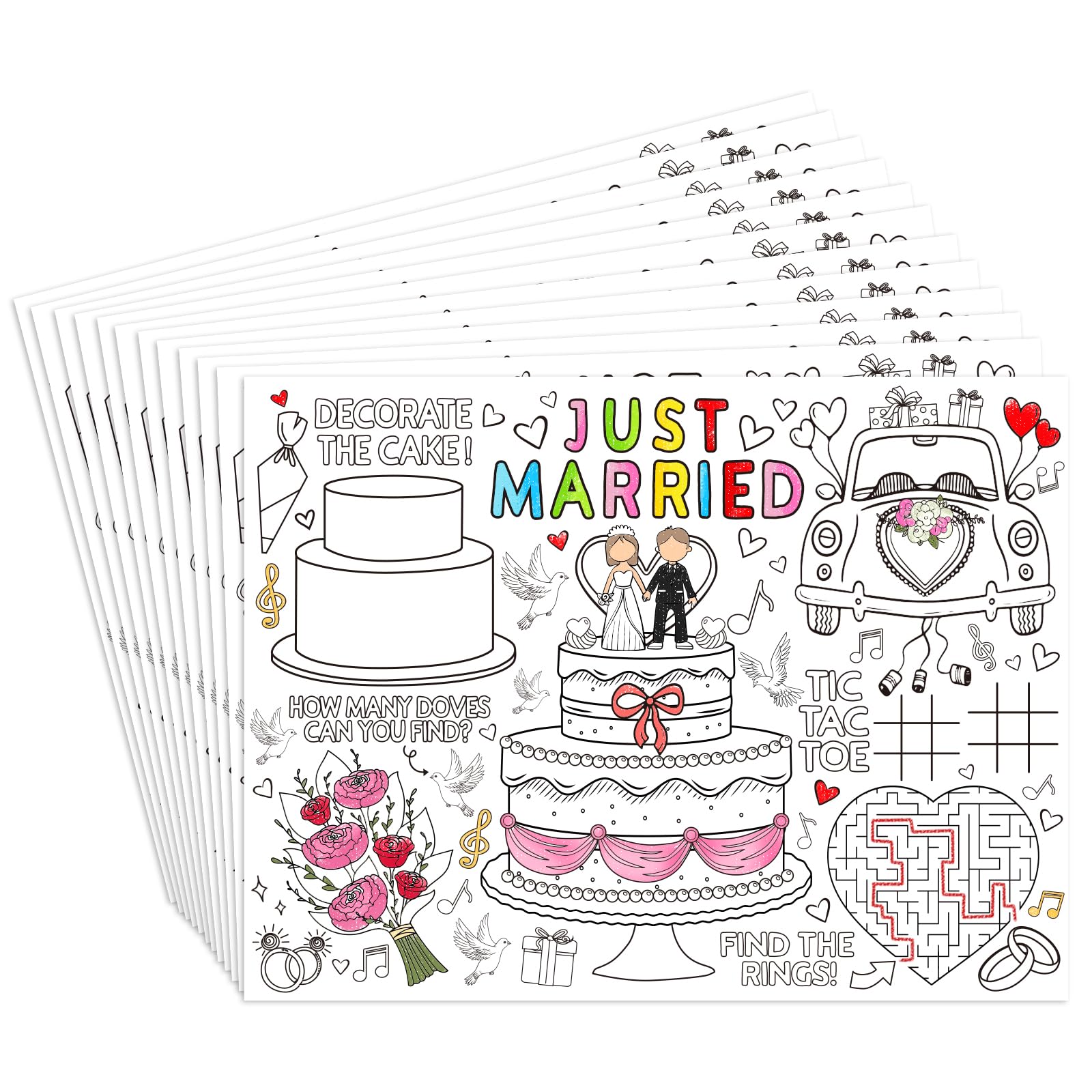 Set de table jetable à colorier Whaline : 30 jeux de mariage en papier pour enfants
