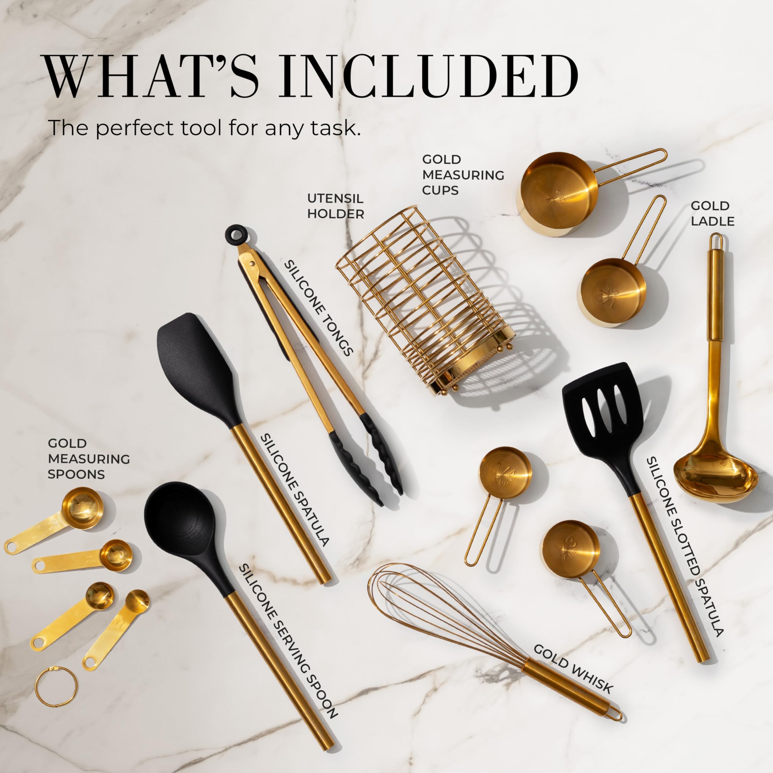 Styled Settings Juego de utensilios de cocina negros y dorados, 15 piezas antiadherentes de silicona sin BPA, con tazas medidoras y cucharas, accesorios de cocina de lujo para cocinar y hornear con