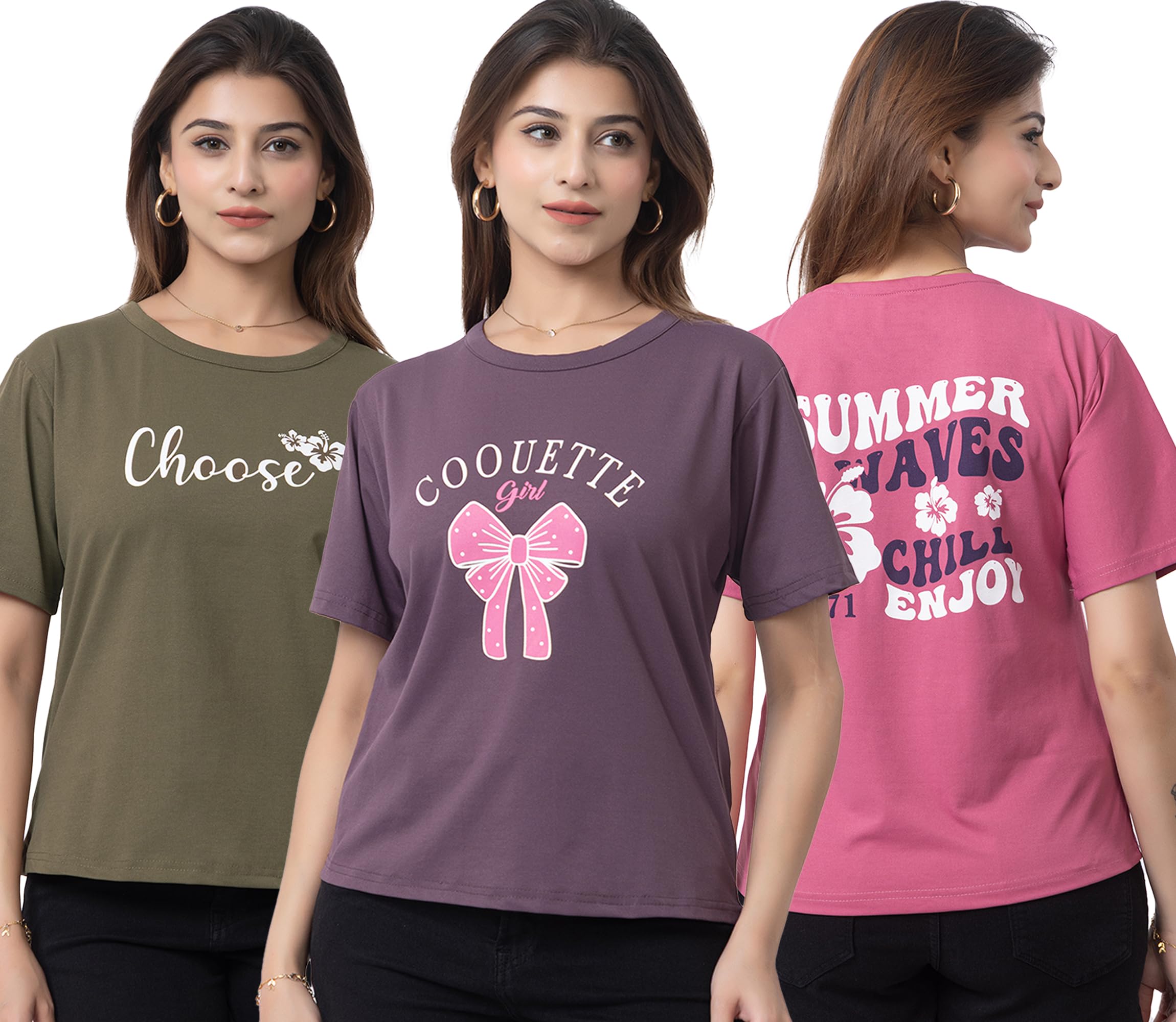 d-line collection Women's Cotton Printed Stretchable Summer Tshirts Combo Pack of 3 | Half Sleeve Round Neck Graphic Tees for Girls & Ladies | Women’s Western Tops (Pack of 3)-picture-40