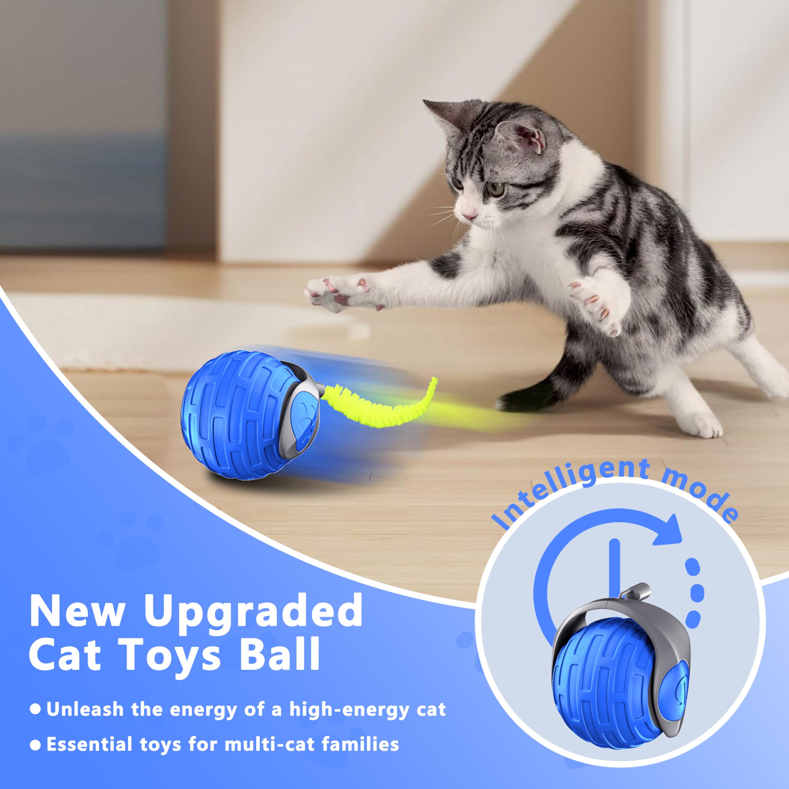 Katzenspielzeug, interaktiver Katzenspielzeugball für gelangweilte Indoor-Katzen, automatisches Rollen, sturzfest und Hindernisvermeidung, 2 Modi, flauschiger Schwanz und USB Typ-C