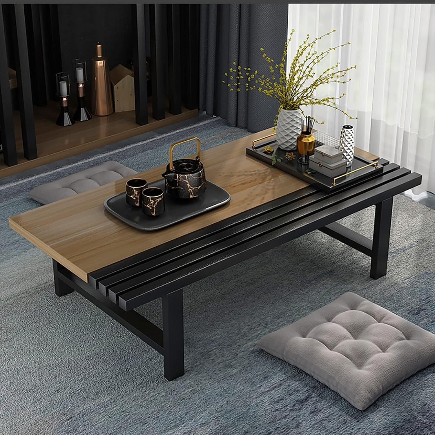 Premium 70-cm Long Japanese Style Low Height Floor Meditation/Coffee/Tea Table for Living Room, Bedroom, Balcony, Small Floor Study/Laptop Table. (Brown-Black)-image-49