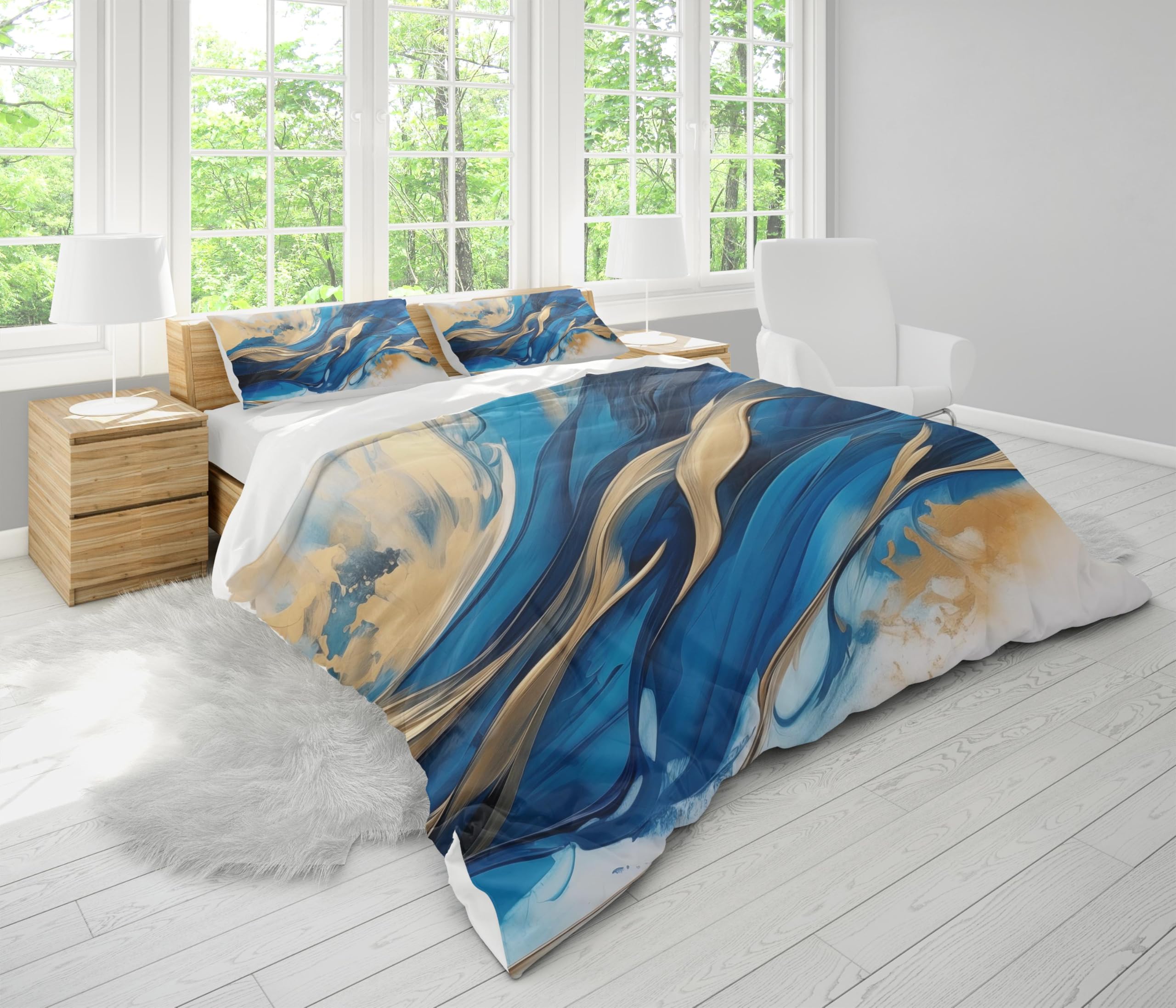 Parure de lit en marbre bleu queen size avec housse et deux taies d'oreiller