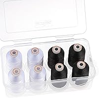 New Brothread 1000m Polyester Embroidery Thread: 4 Snow White + 4 Black Spools with Stackable Storage Box for Brother Janome Machines