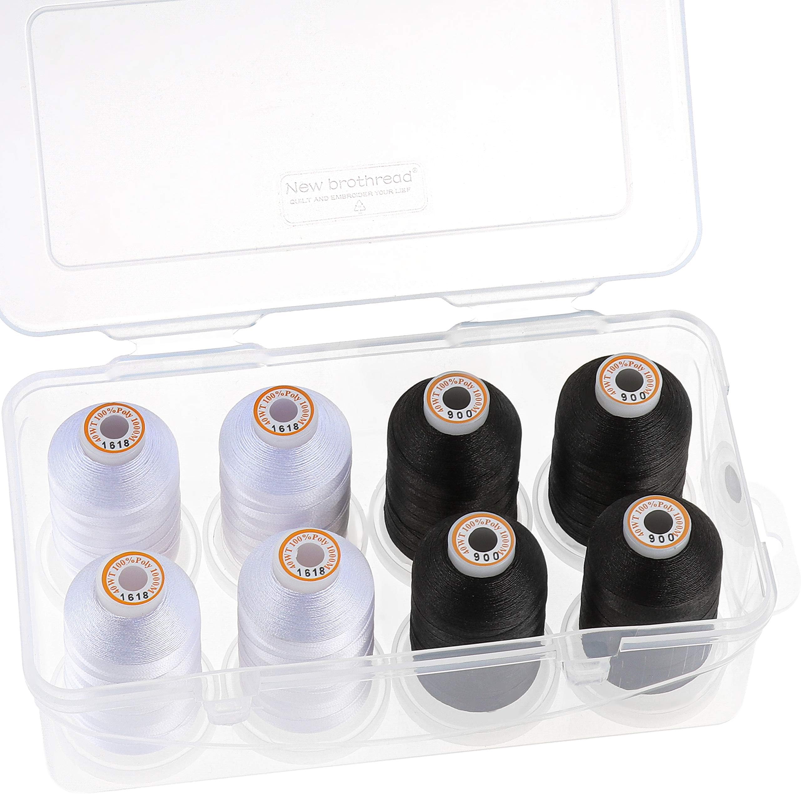 Polyester Machine Embroidery Thread 1000m with Clear Plastic Storage Box for Embroidery & Quilting - 4xWhite+4xBlack