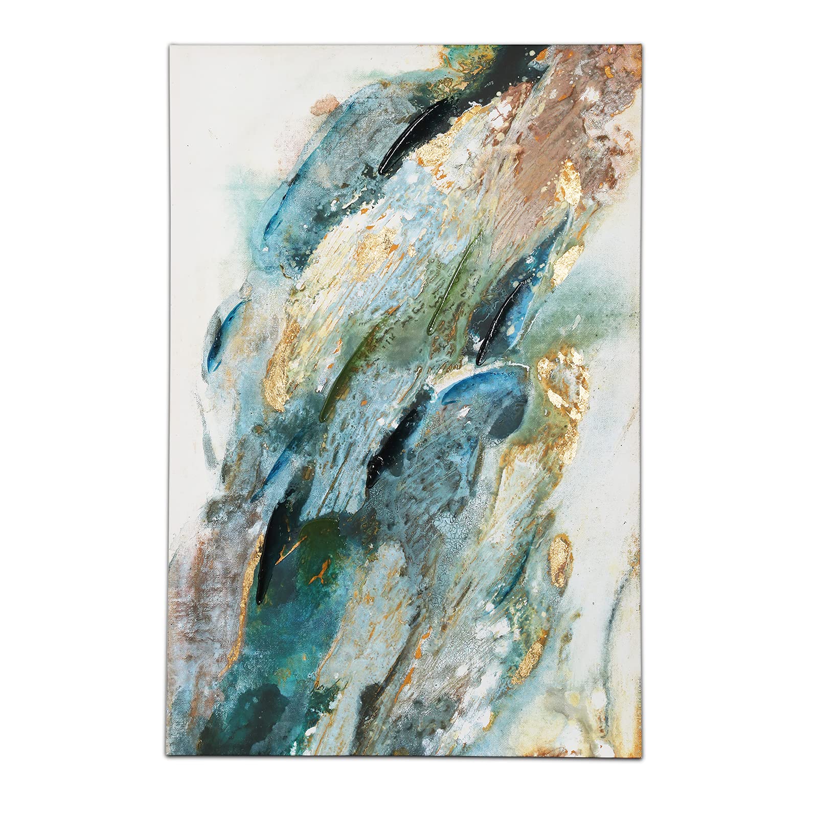 Sencillez Canvas Wall Art Abstract Blue Color Gel And Gold Foil Canvas Artwork For Living Room(16x24inch)