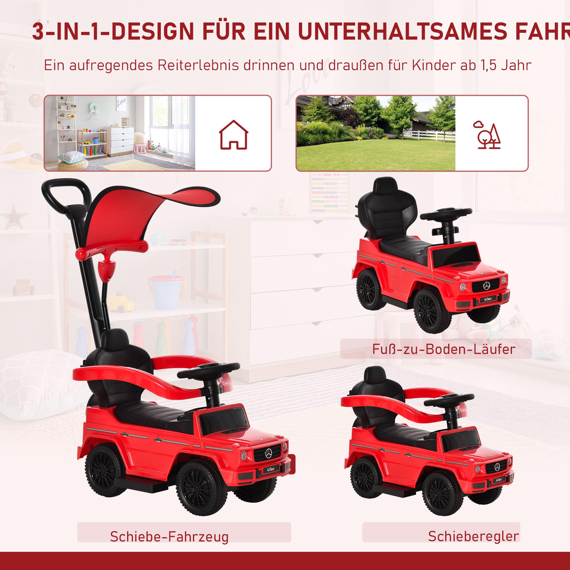 HOMCOM Rutschauto mit Schiebstange Mercedes-Benz G350 Rutschfahrzeug mit Lenkrad 3-in-1 Schiebeauto Kinderfahrzeug mit Hupe Fußstütze Sitzstauraum Kinderauto für Kinder von 18 bis 36 Monaten Rot