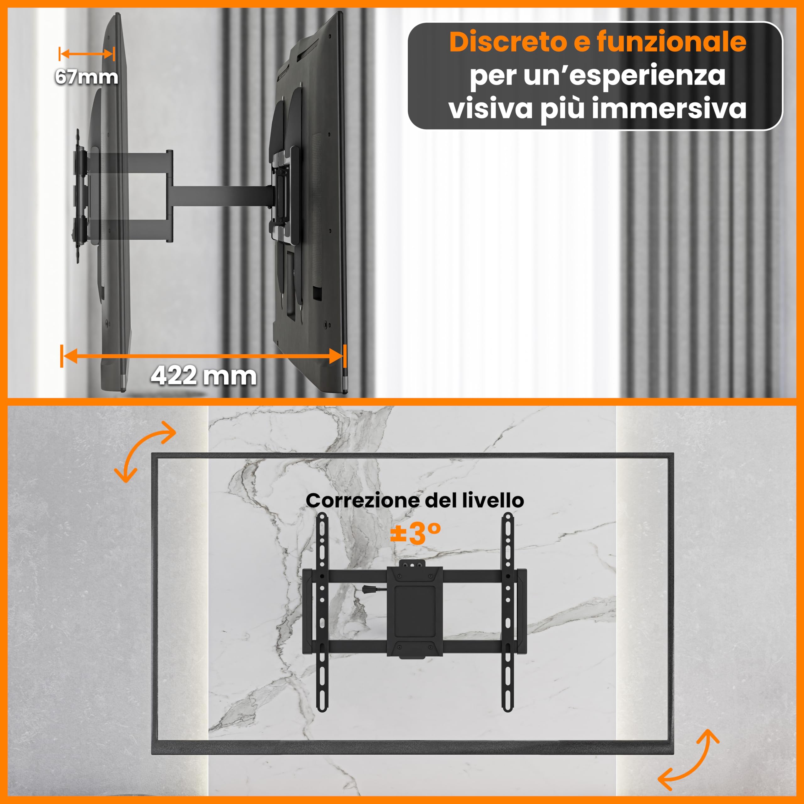 EasyLife ProMount HD75 Supporto a Parete Compatto per Televisori da 32 a 75 Pollici Fino a 50KG VESA 600x400mm - Design a Braccio Singolo, Orientabile e Inclinabile per LED, LCD con Gestione Dei Cavi