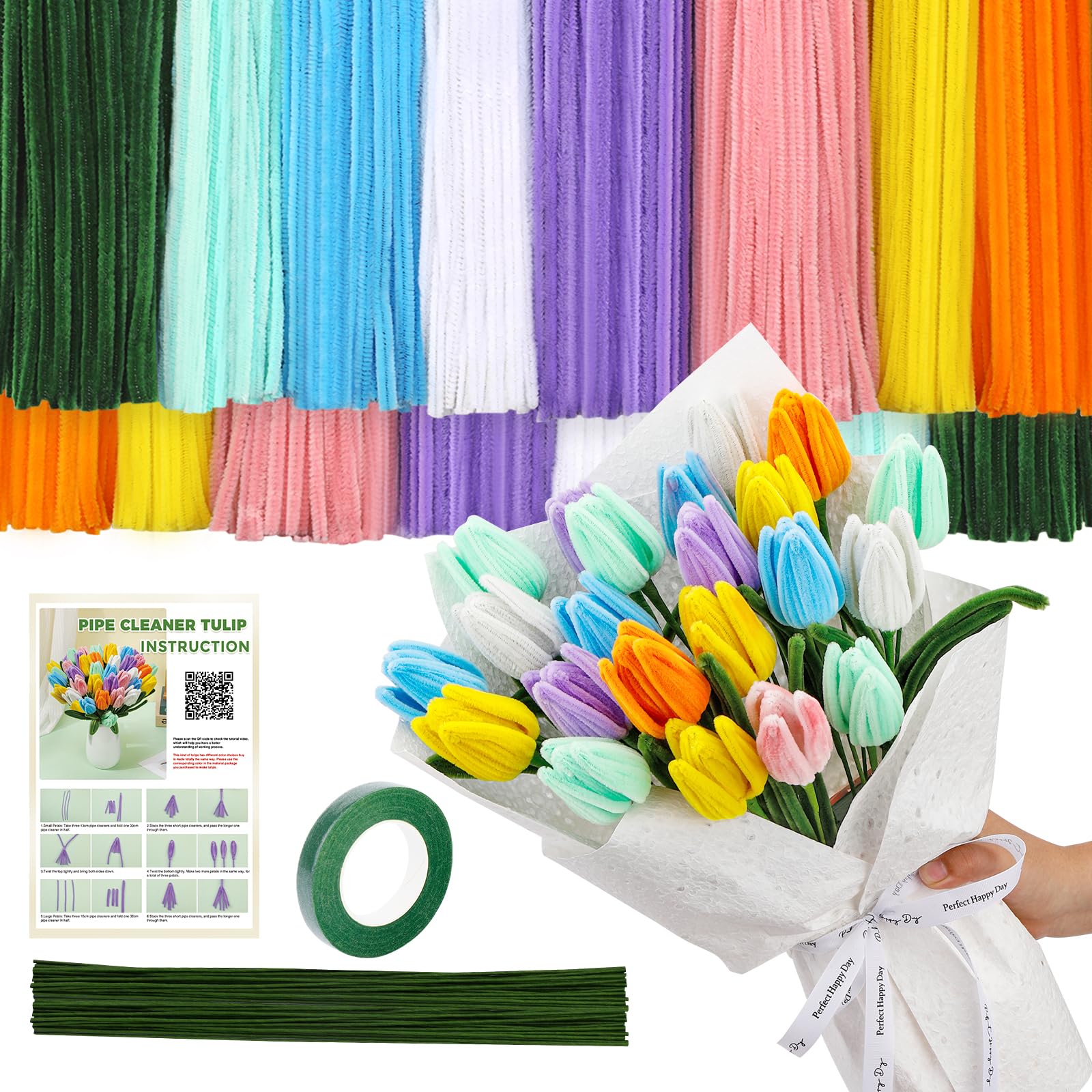 550 Pièces Fil Chenille, 8 Couleurs Cure Pipe Kit de Fabrication de Fleurs Chenille Loisir Creatif Kit de Fleurs en Forme de Pipe de Pour Décoration de Festival, Fournitures Artisanales