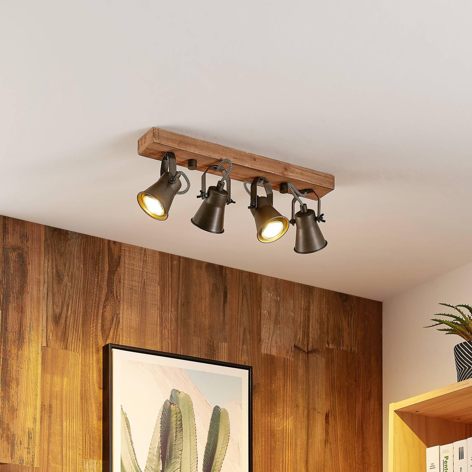 Lindby Strahler Grandesa (Retro, Vintage Antik) aus Holz (4 flammig GU10) - Deckenleuchte Deckenspot Spot Lampe Deckenlamoe Wohnzimmerleuchte
