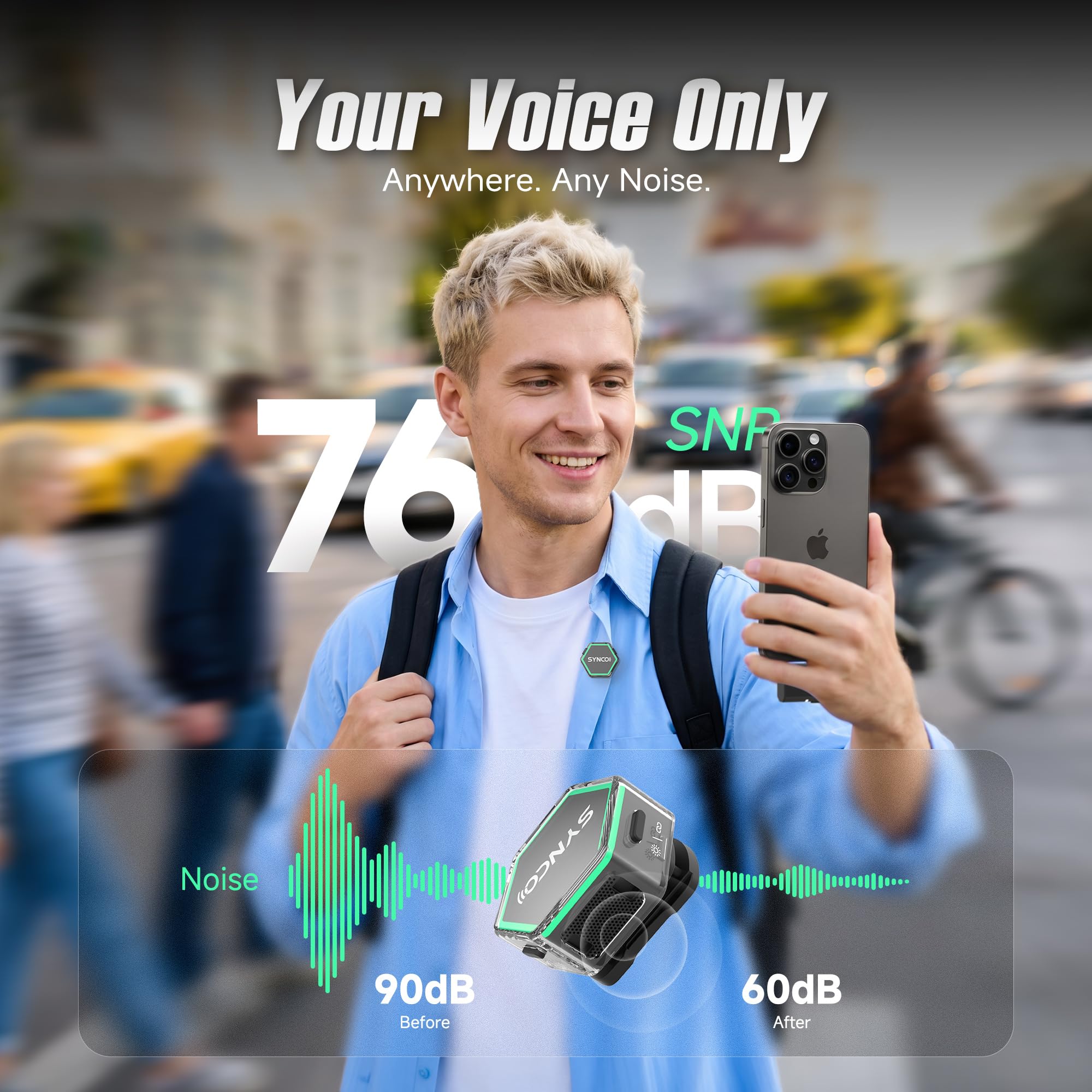 SYNCO G4 Microfono Lavalier Wireless per iPhone7-17/Android/Fotocamera, 2,4 GHz Doppio Canale, Batteria da 20 ore con custodia di ricarica,300 m, Riduzione del rumore per YouTube TikTok Vlog/Streaming