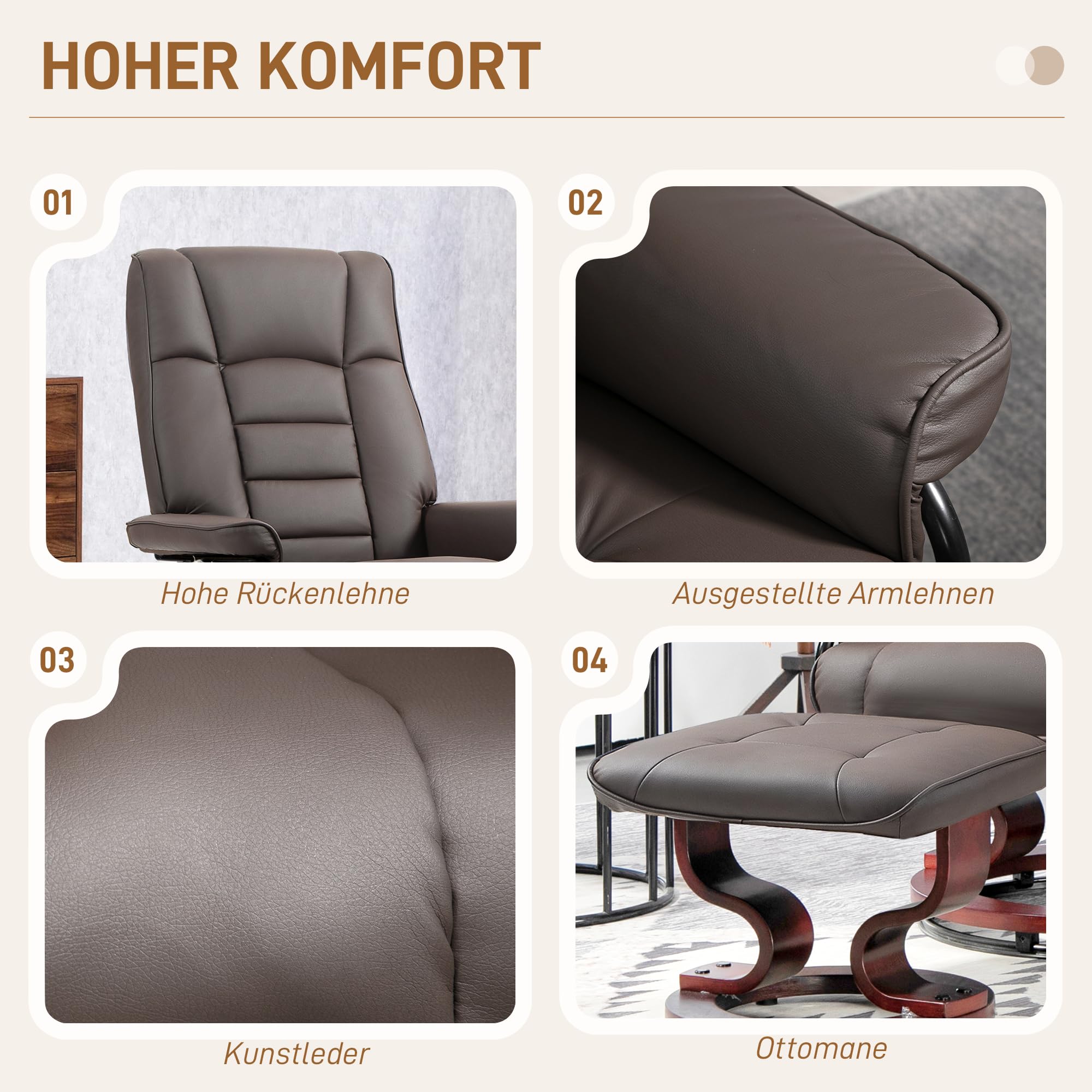 HOMCOM Relaxsessel mit Hocker, 360° drehbarer Fernsehsessel mit Liegefunktion hoher Rückenlehne, Holzgestell TV-Sessel für Wohnzimmer, Kunstleder, Braun