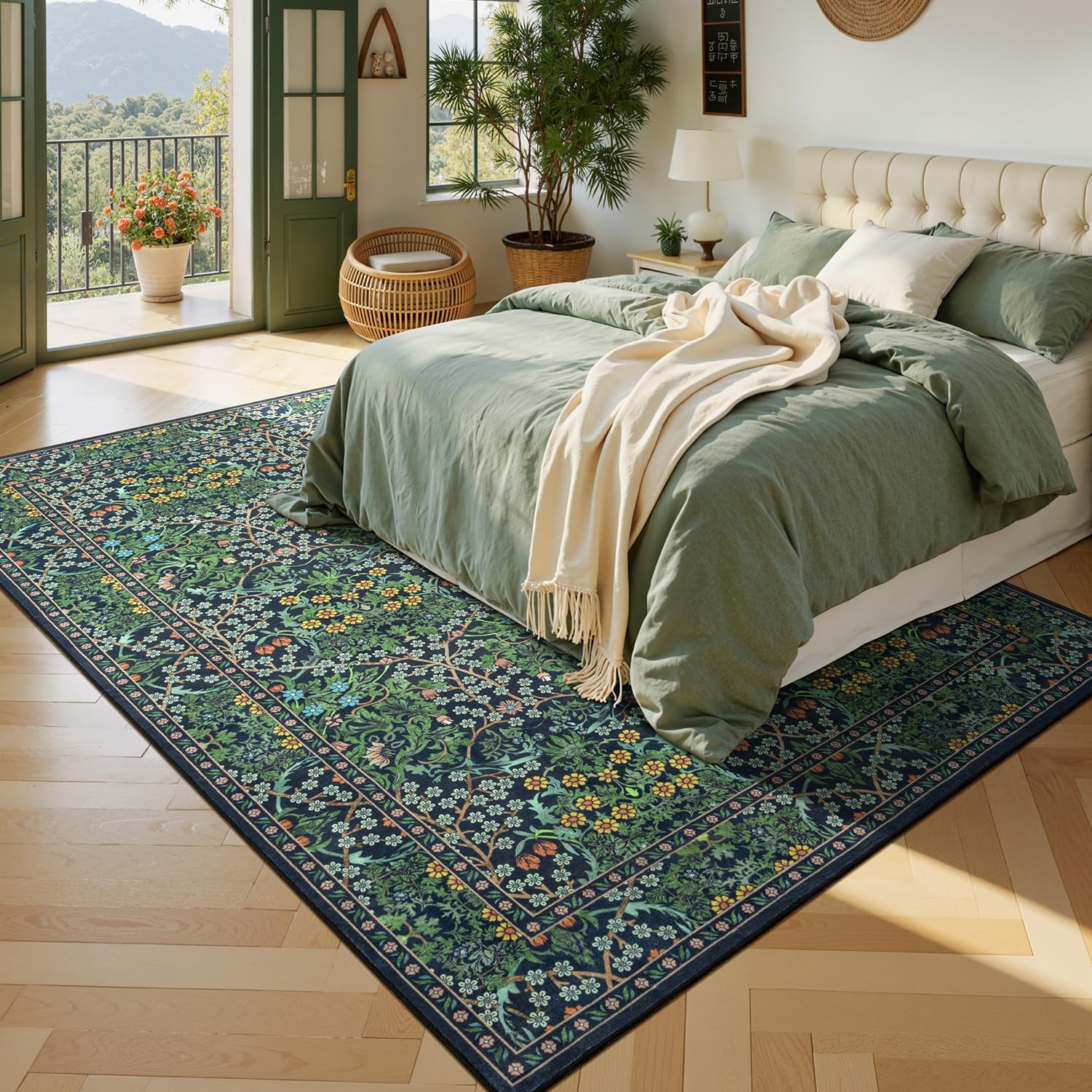 lessymo floral living room rug 8x10 area rugs, vintage forest washable rugs for dining room bedroom, low pile non slip rubber green mat, distressed retro indoor boho carpet, forest green forest green 8' x 10' (rectangular)