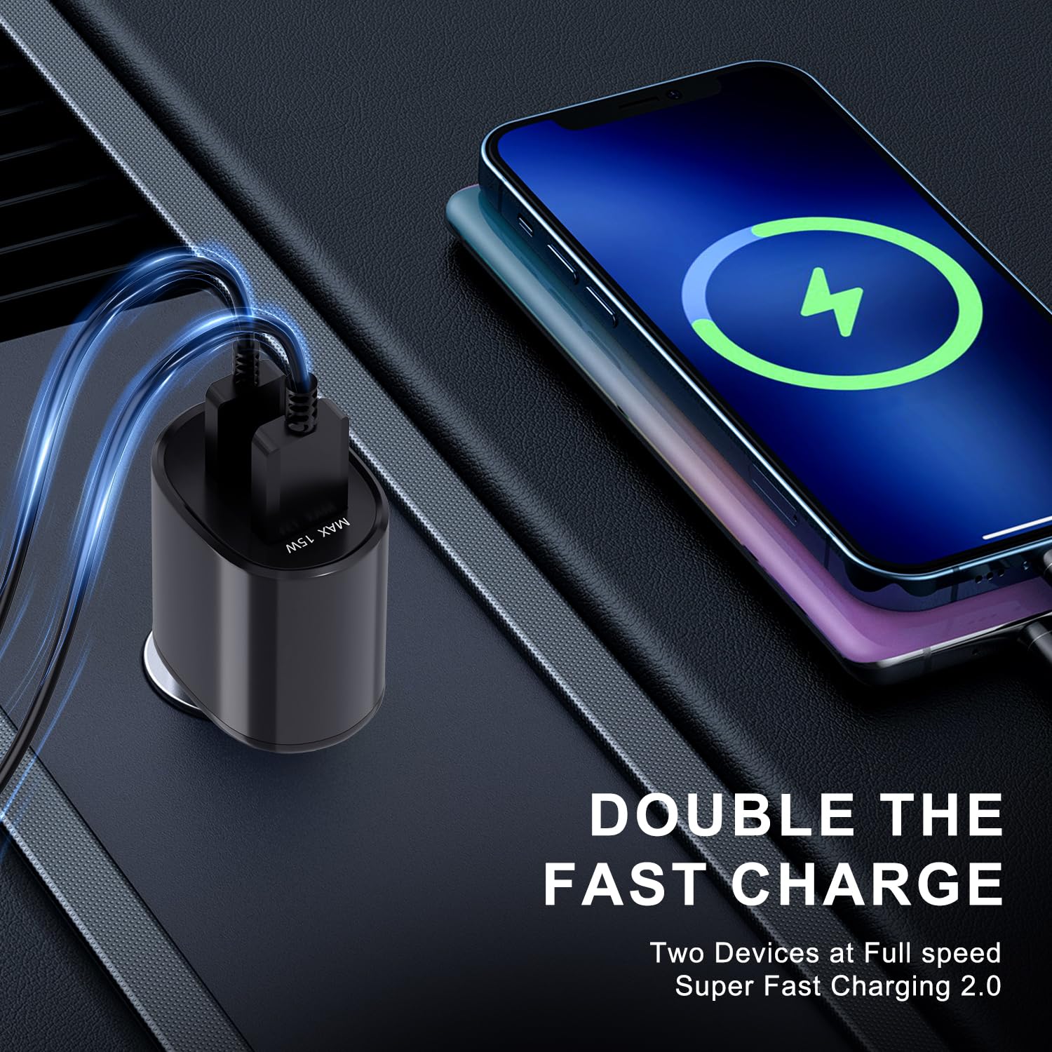 Cargador de coche dual súper rápido (45 W + 15 W), doble puerto USB-C y USB-A blanco, cable de 6.5 pies para Samsung S25, S24, S23, S22, color negro