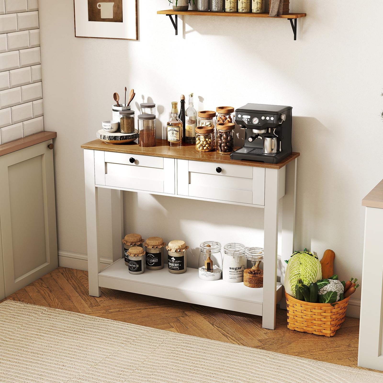 COSTWAY Consola Recibidor con 2 Cajones, Mesa de Entrada Estrecha con Estante Abierto, Mesa Auxiliar con Kits Antivuelco para Salon, Pasillo, Entrada, 106 x 30 x 81,5 cm