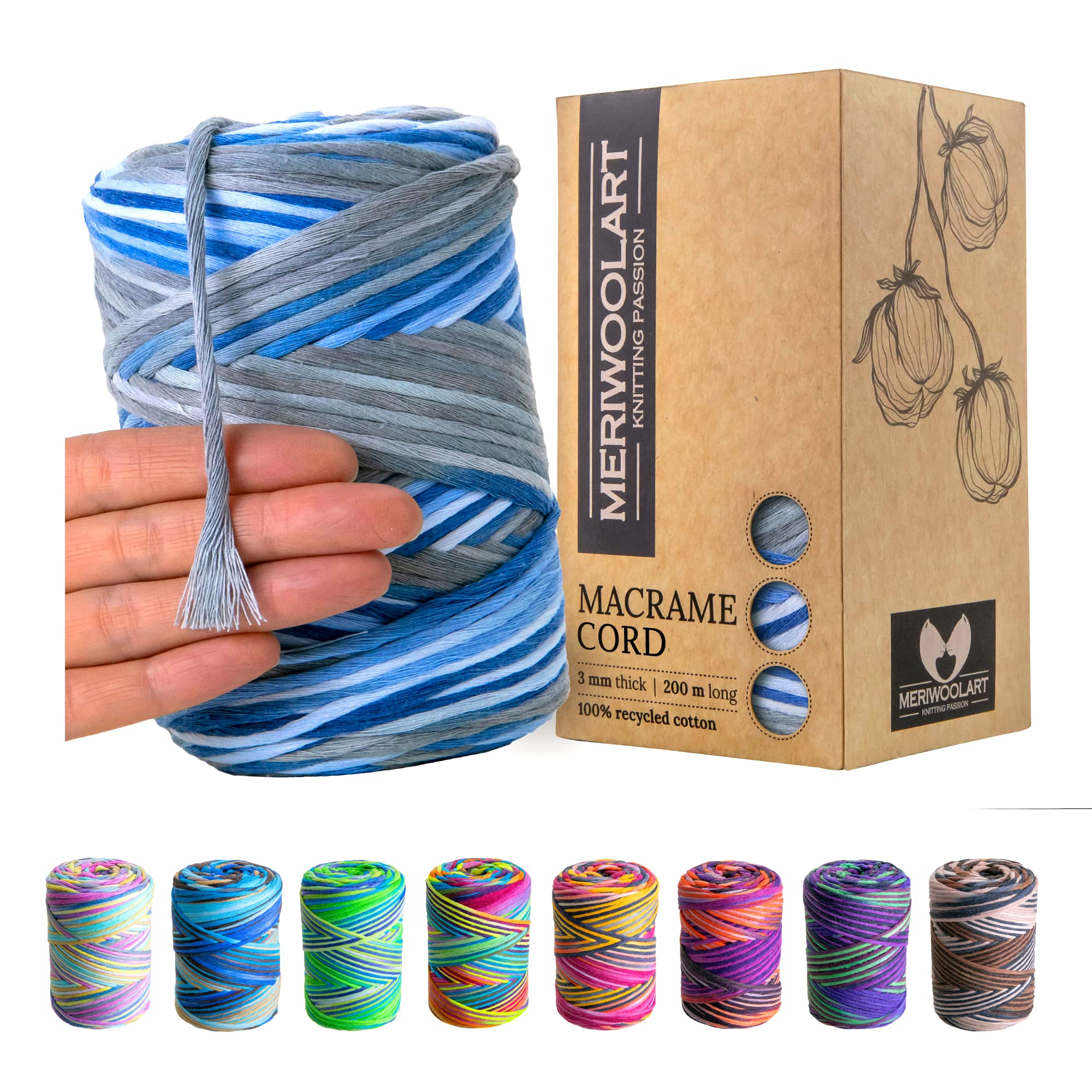 MeriWoolArt® Macrame Yarn 3 mm - 200 m Super Soft Single Twist Cord - Oeko-Tex 100% Recycled Cotton - Coloured for DIY Boho Decorative Projects