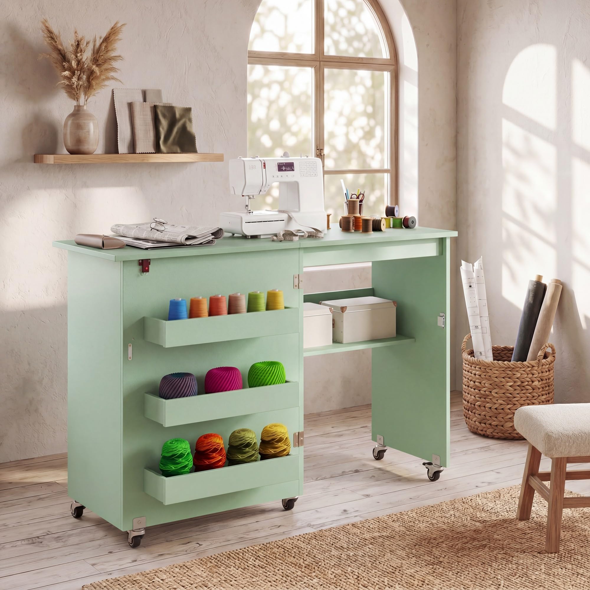 KOMFOTTEU Table Couture Pliable &, 3 Bacs cachés, Vert
