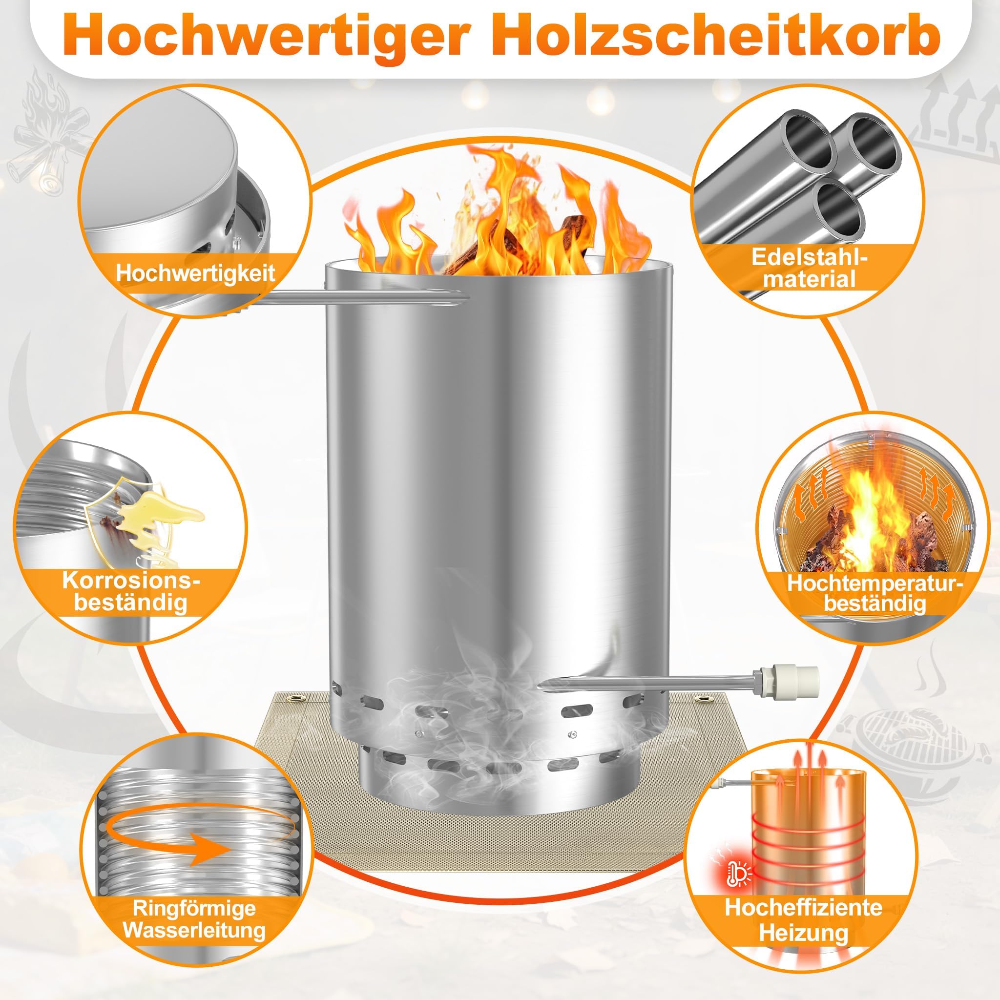 LZQ Poolheizung Edelstahl Feuertonne, Holz Poolofen mit Heizspirale 32/38 mm Anschluss Outdoor Schwimmbad Wassererwärmer Holzbeheizt – inkl. Feuerfeste Matte & Restasche Auffangwanne, 1 Stück