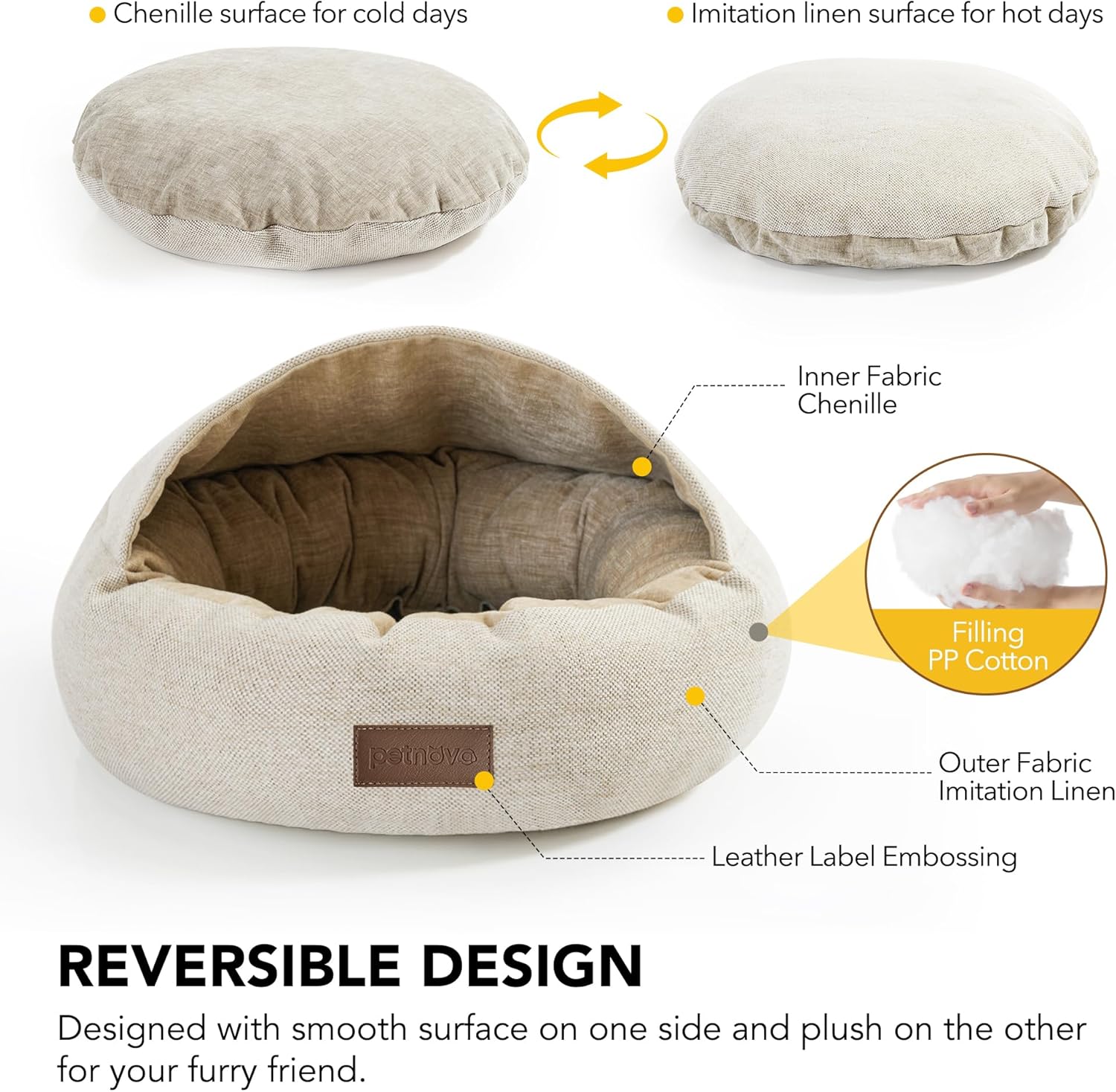 review Hooded Round Cat Bed, Faux Linen Cat Cave Beds for Small Pets, Anti-Slip Sofa Dog Beds with Removable Pillow 20x20x14 Inch Light Khaki