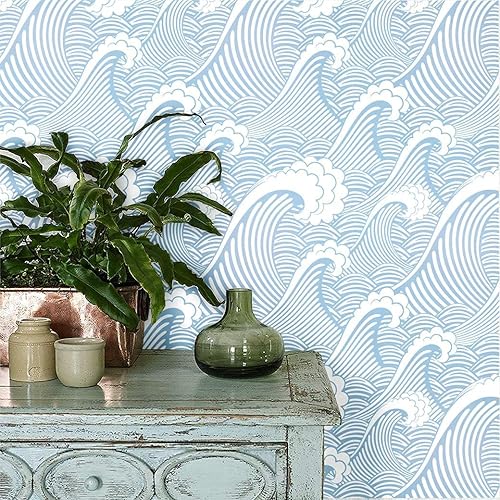 Miniatura 9 de Blooming Wall CPS030 - Papel pintado a mano sin costuras de olas blancas azules y blancas, papel tapiz autoadhesivo prepegado (17.7 x 118 pulgadas)