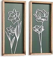 TideandTales 3D Floral Sage Green Wall Art Set of 2 - Lightweight Boho Wooden Framed Decor, Ready-to-Hang for Bathroom Bedroom Farmhouse (7x16")