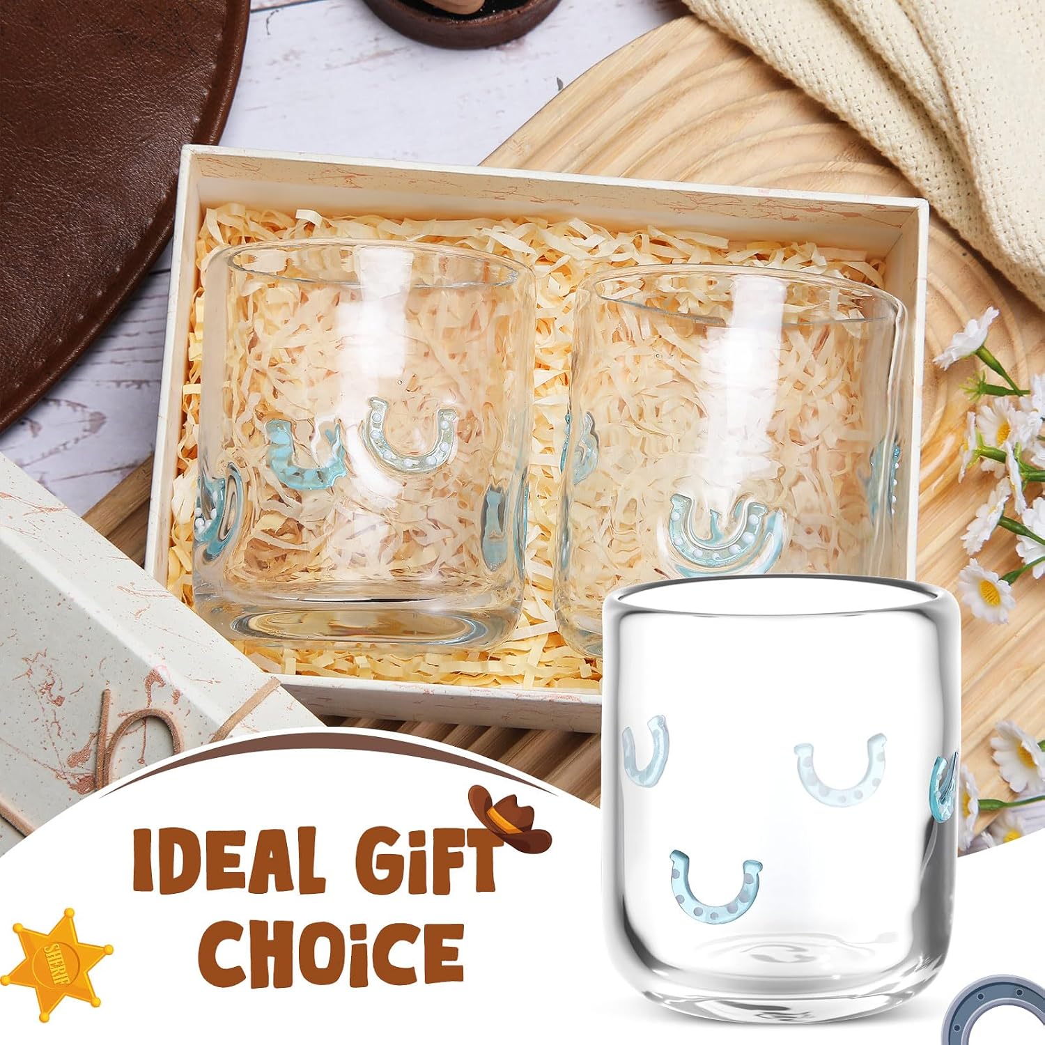 SiliFine 2 Pcs Horseshoe Icon Juice Glasses - 14oz Blue Horseshoe Stemless Wine Drinking Coffee Glass Cup for Home Party Supplies & Gift